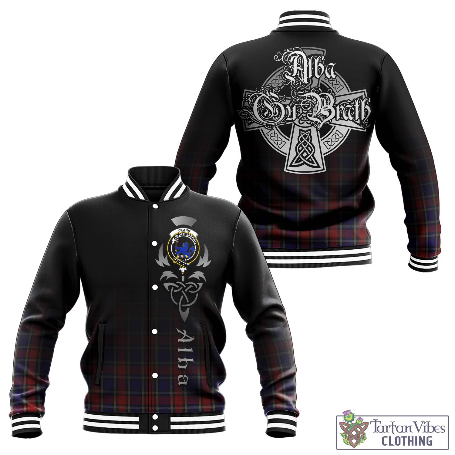 Tartan Vibes Clothing Clark (Lion) Red Tartan Baseball Jacket Featuring Alba Gu Brath Family Crest Celtic Inspired