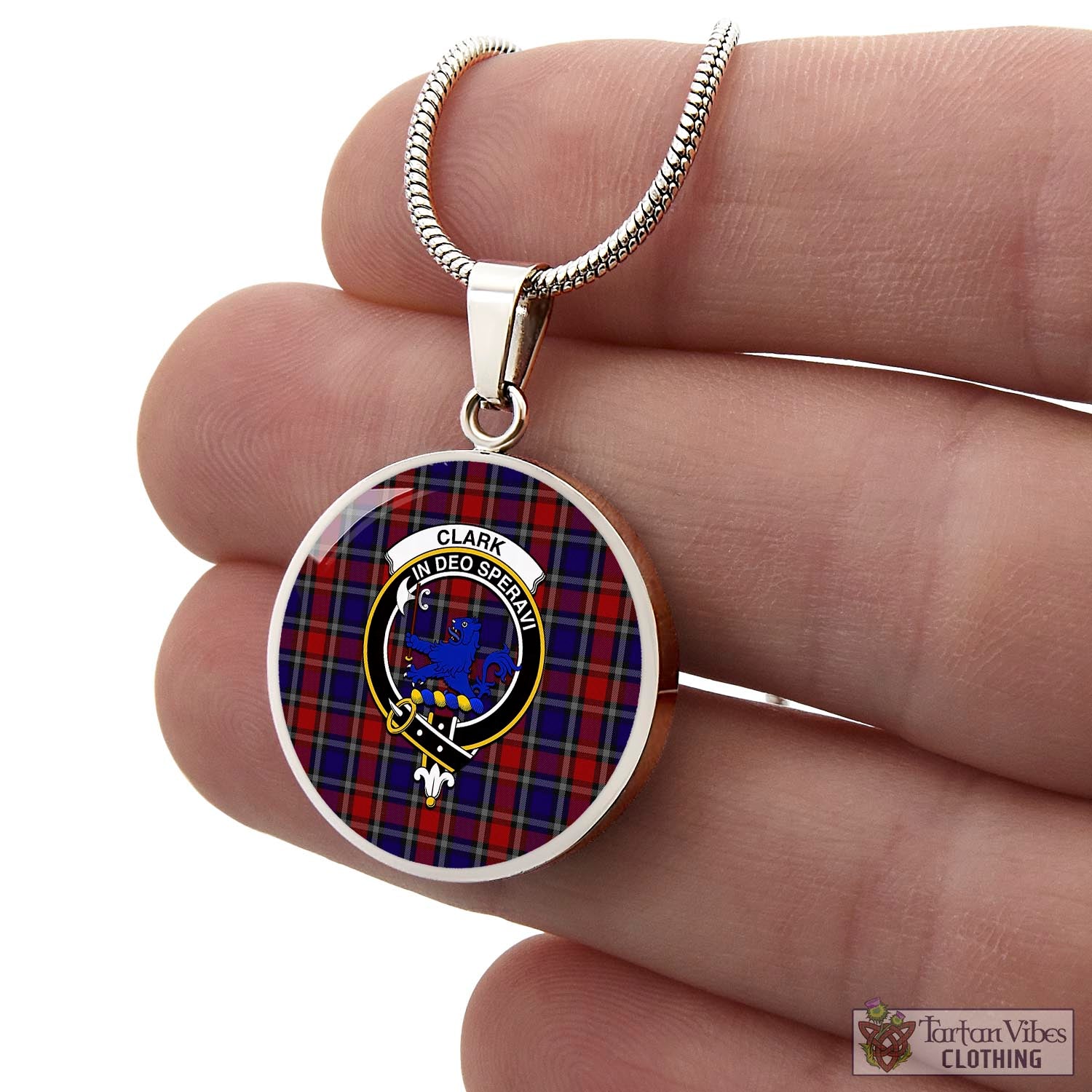 Tartan Vibes Clothing Clark (Lion) Red Tartan Circle Necklace with Family Crest