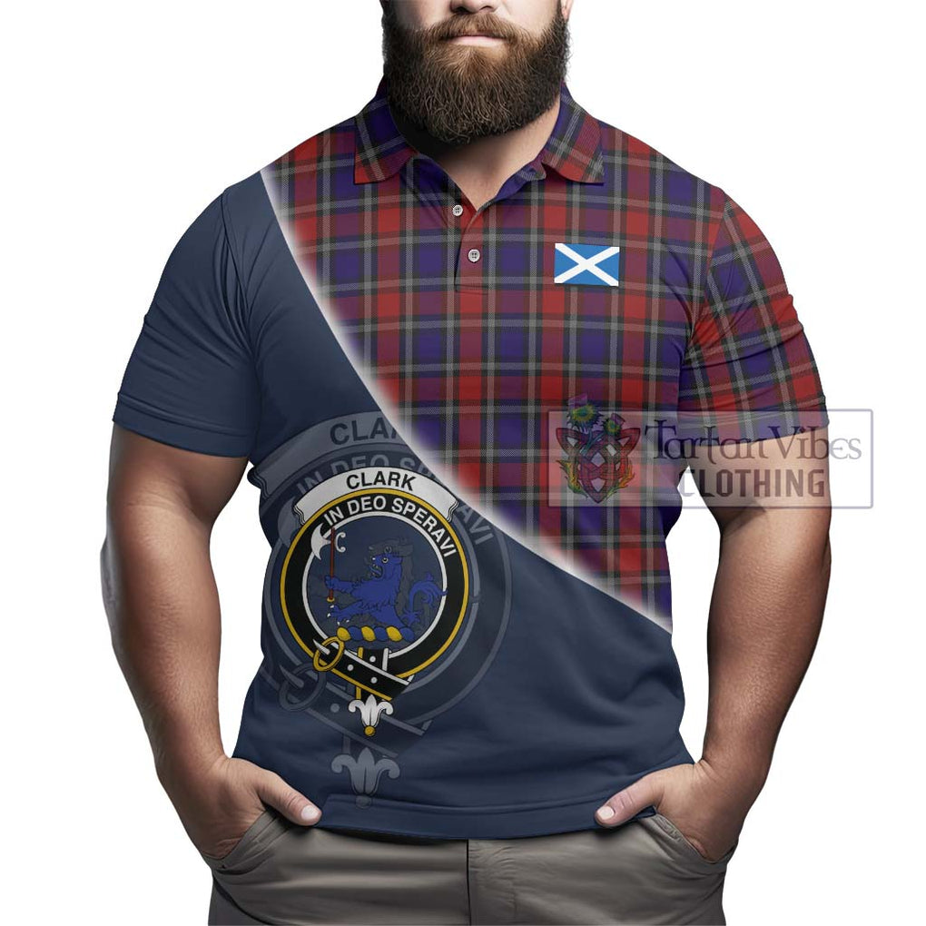 Clark (Lion) Red Tartan Polo Shirt with Personalised National Flag and Family Crest Half Style - Tartanvibesclothing Shop