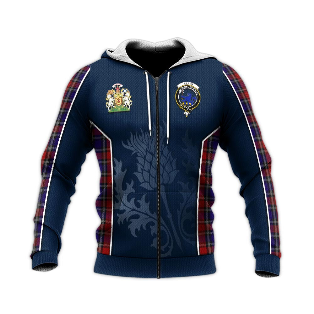 Tartan Vibes Clothing Clark (Lion) Red Tartan Knitted Hoodie with Family Crest and Scottish Thistle Vibes Sport Style