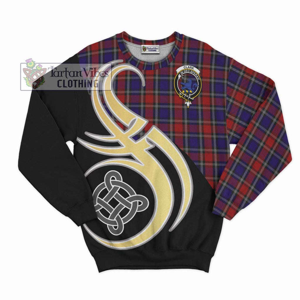 Clark (Lion) Red Tartan Sweatshirt with Family Crest and Celtic Symbol Style - Tartan Vibes Clothing