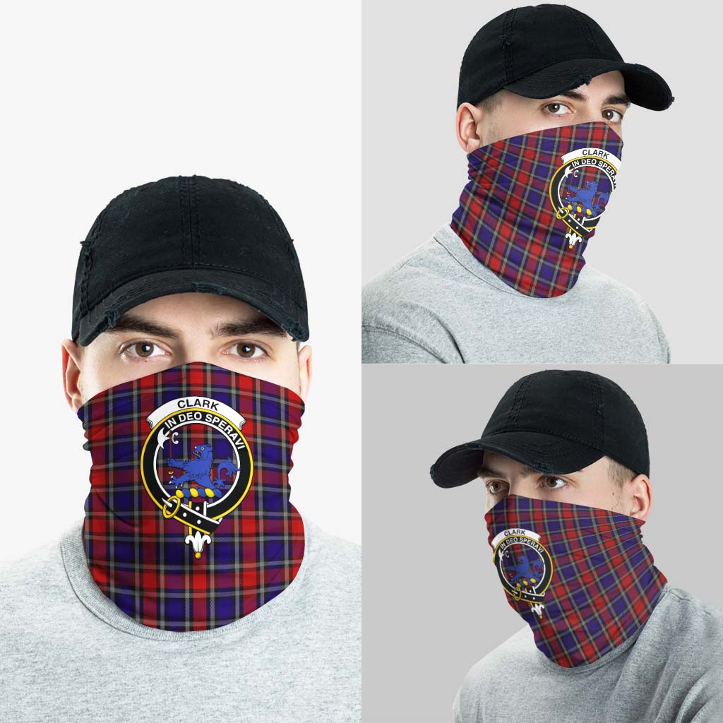 Clark (Lion) Red Tartan Neck Gaiters, Tartan Bandanas, Tartan Head Band with Family Crest