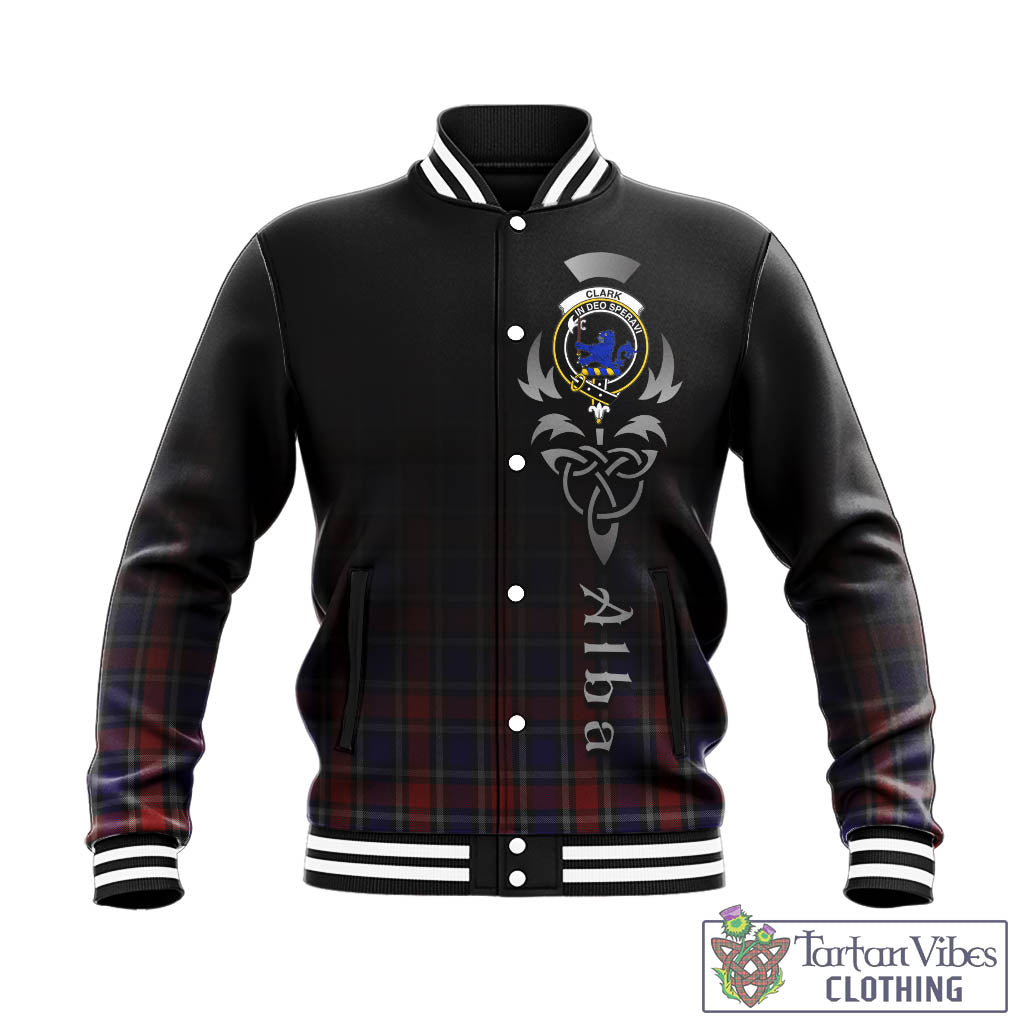 Tartan Vibes Clothing Clark (Lion) Red Tartan Baseball Jacket Featuring Alba Gu Brath Family Crest Celtic Inspired