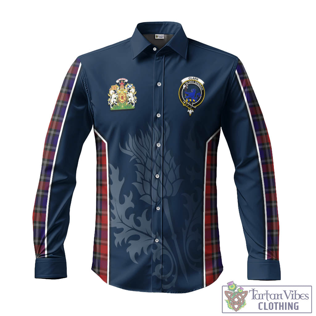 Tartan Vibes Clothing Clark (Lion) Red Tartan Long Sleeve Button Up Shirt with Family Crest and Scottish Thistle Vibes Sport Style