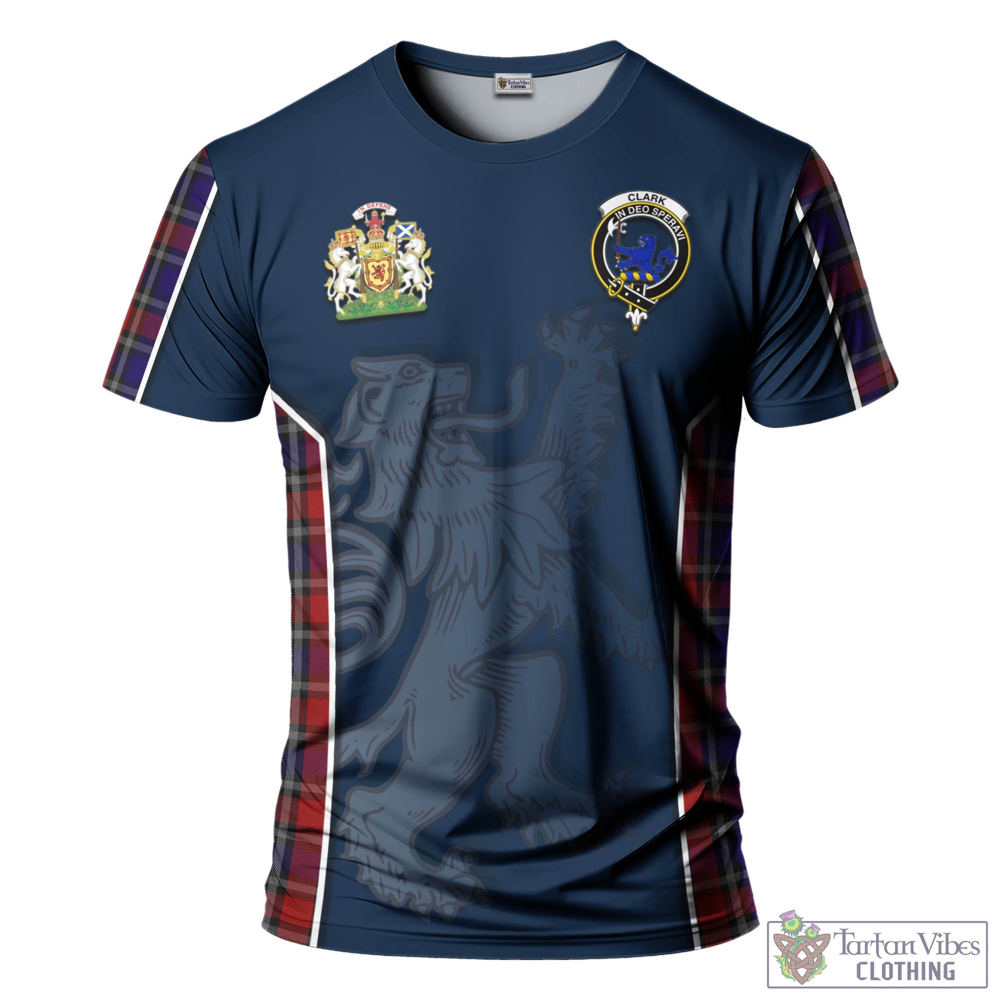 Tartan Vibes Clothing Clark (Lion) Red Tartan T-Shirt with Family Crest and Lion Rampant Vibes Sport Style