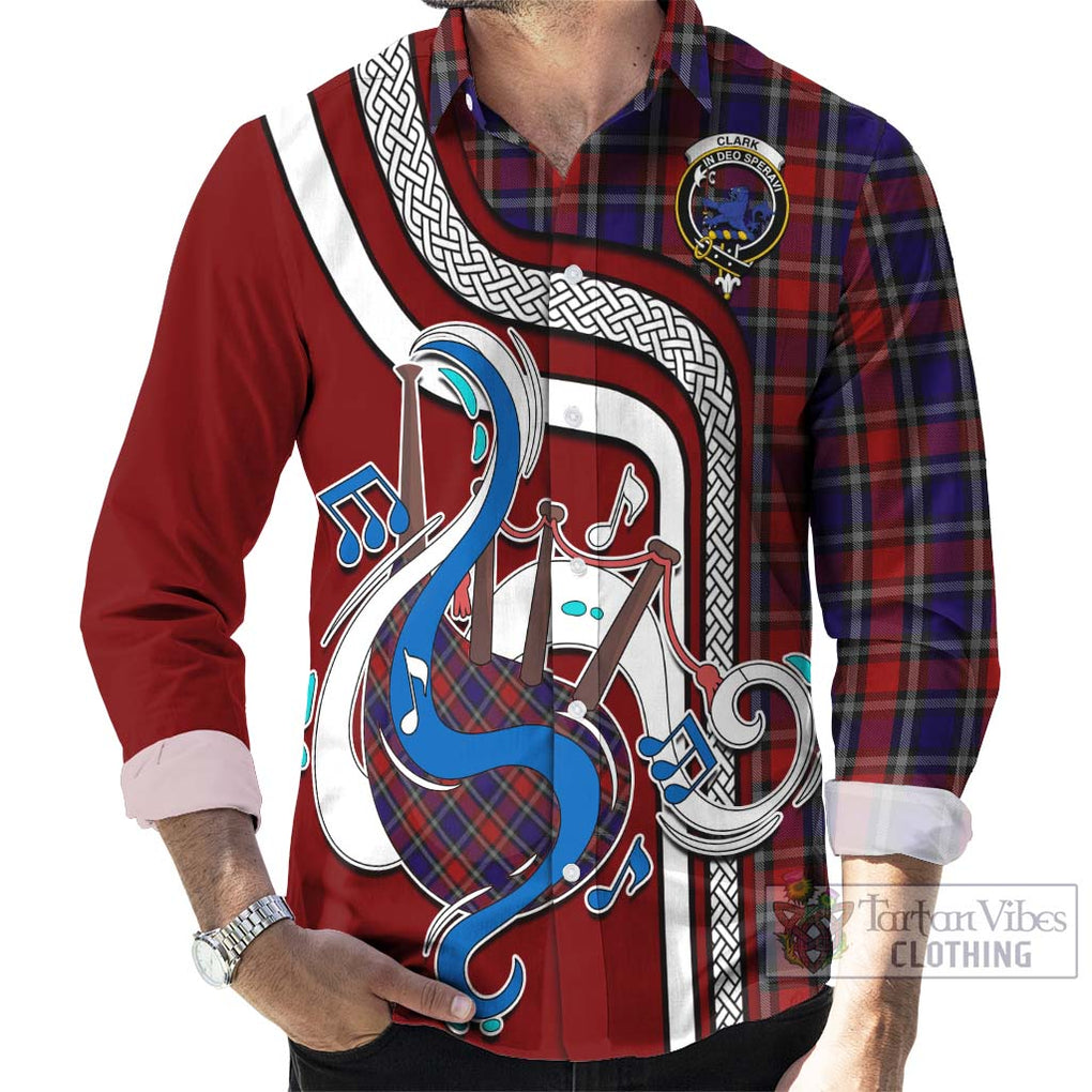 Clark (Lion) Red Tartan Long Sleeve Button Shirt with Epic Bagpipe Style - Tartanvibesclothing Shop