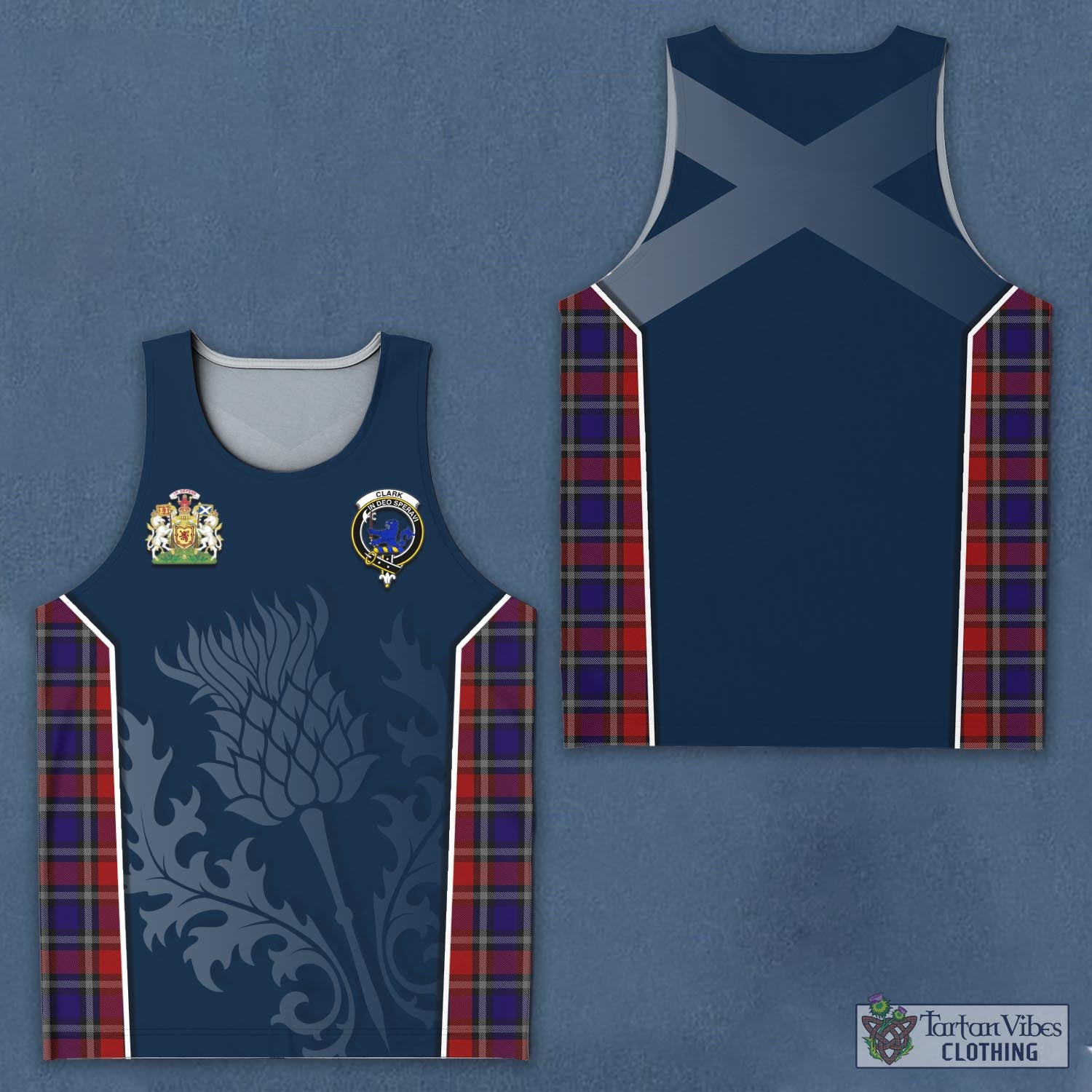 Tartan Vibes Clothing Clark (Lion) Red Tartan Men's Tanks Top with Family Crest and Scottish Thistle Vibes Sport Style