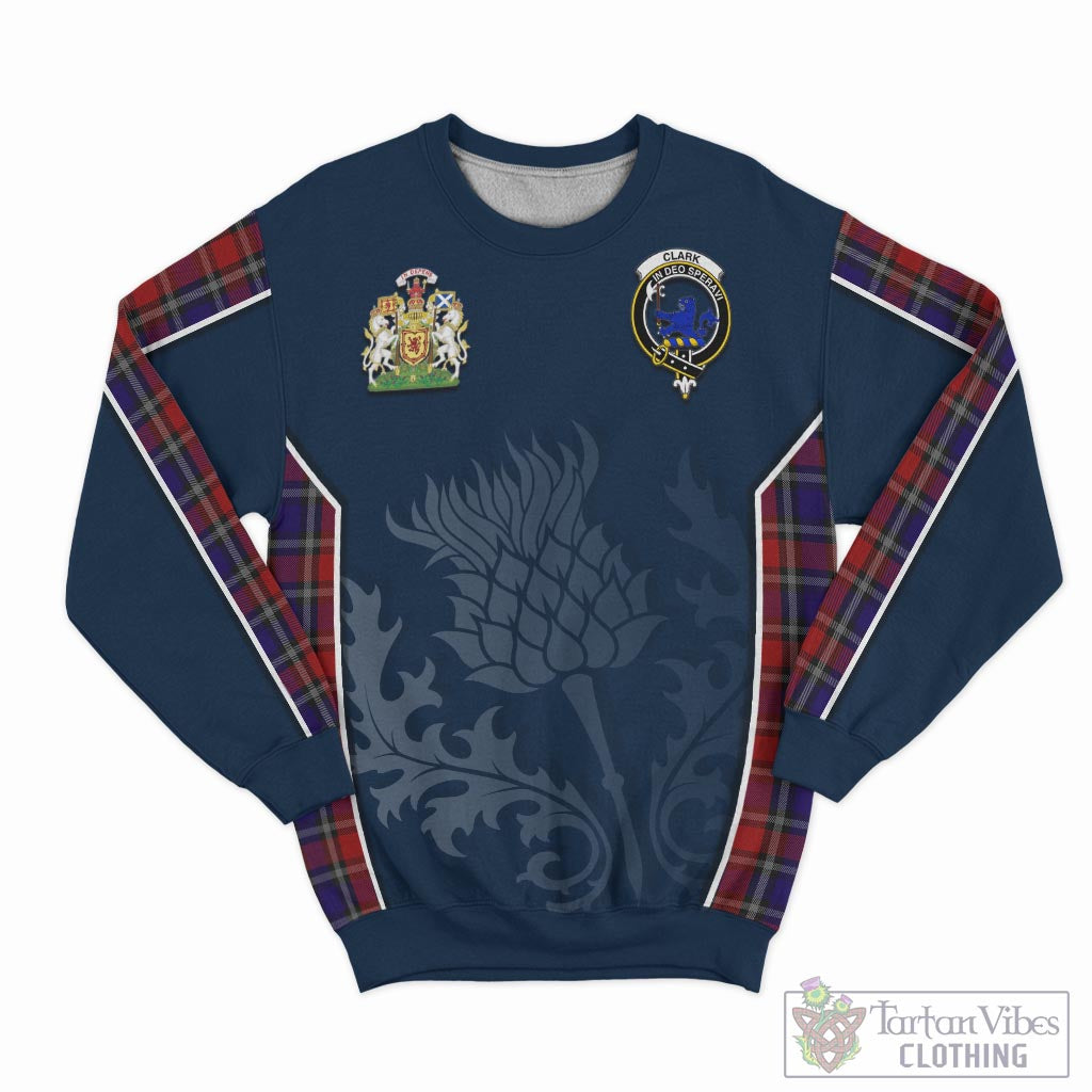 Tartan Vibes Clothing Clark (Lion) Red Tartan Sweatshirt with Family Crest and Scottish Thistle Vibes Sport Style