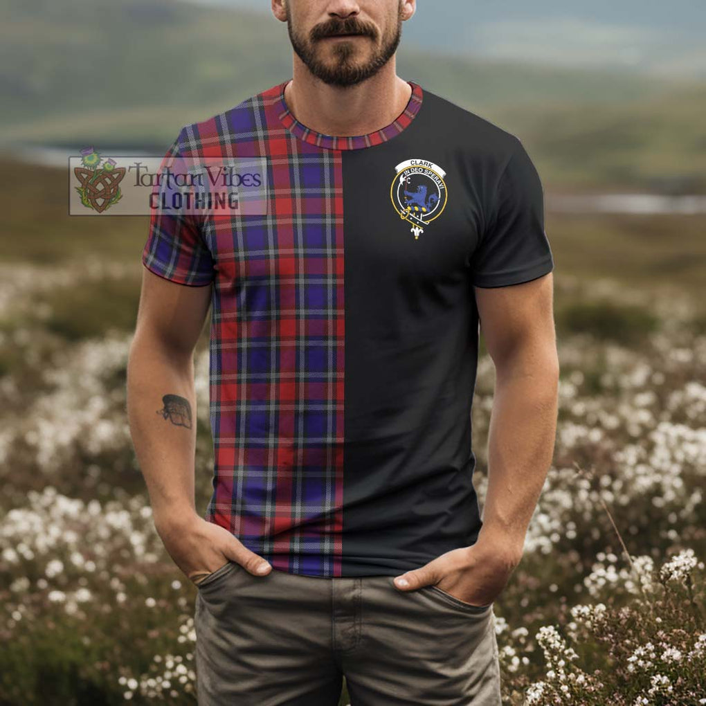 Clark (Lion) Red Tartan T-Shirt with Family Crest and Half Of Me Style - Tartanvibesclothing Shop