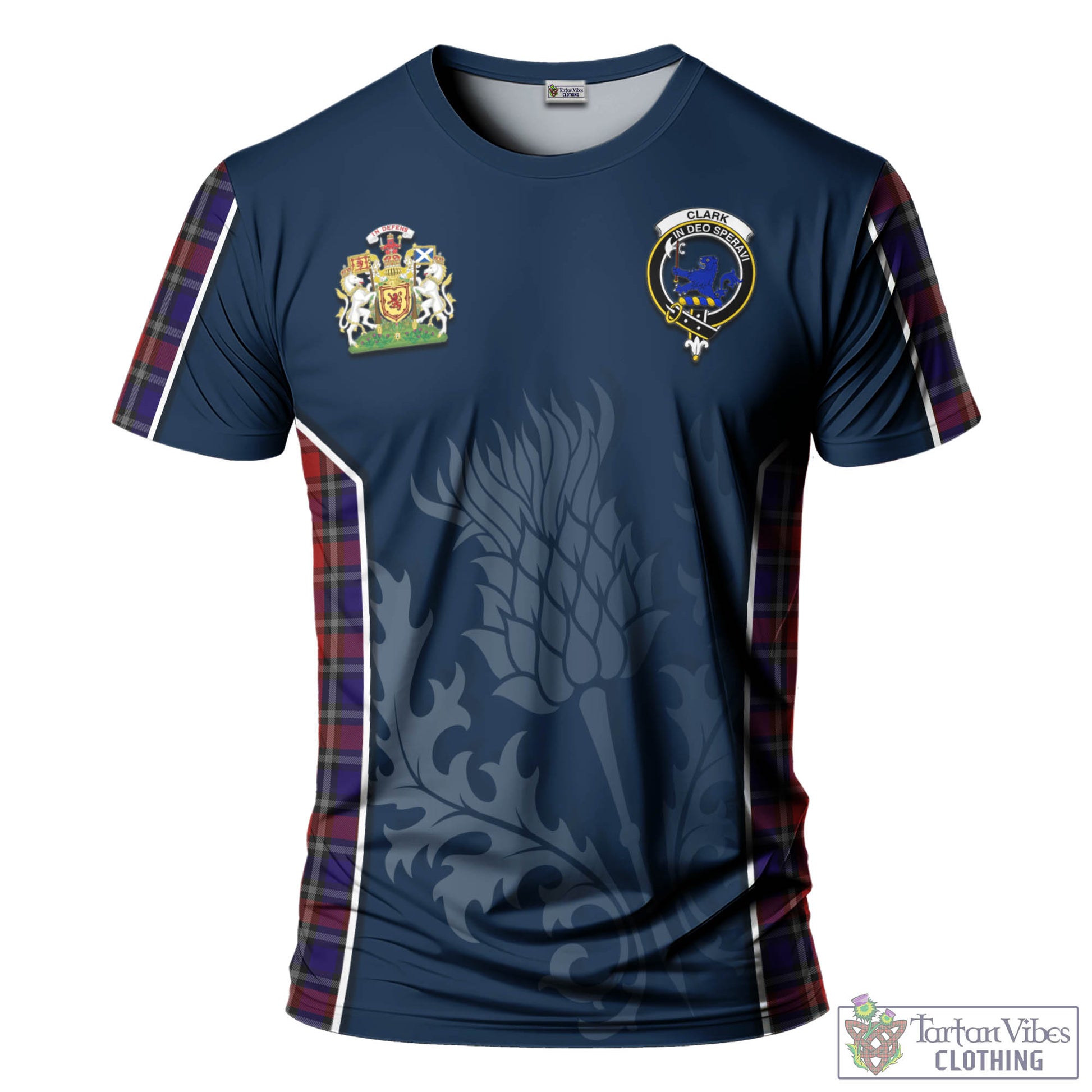 Tartan Vibes Clothing Clark (Lion) Red Tartan T-Shirt with Family Crest and Scottish Thistle Vibes Sport Style