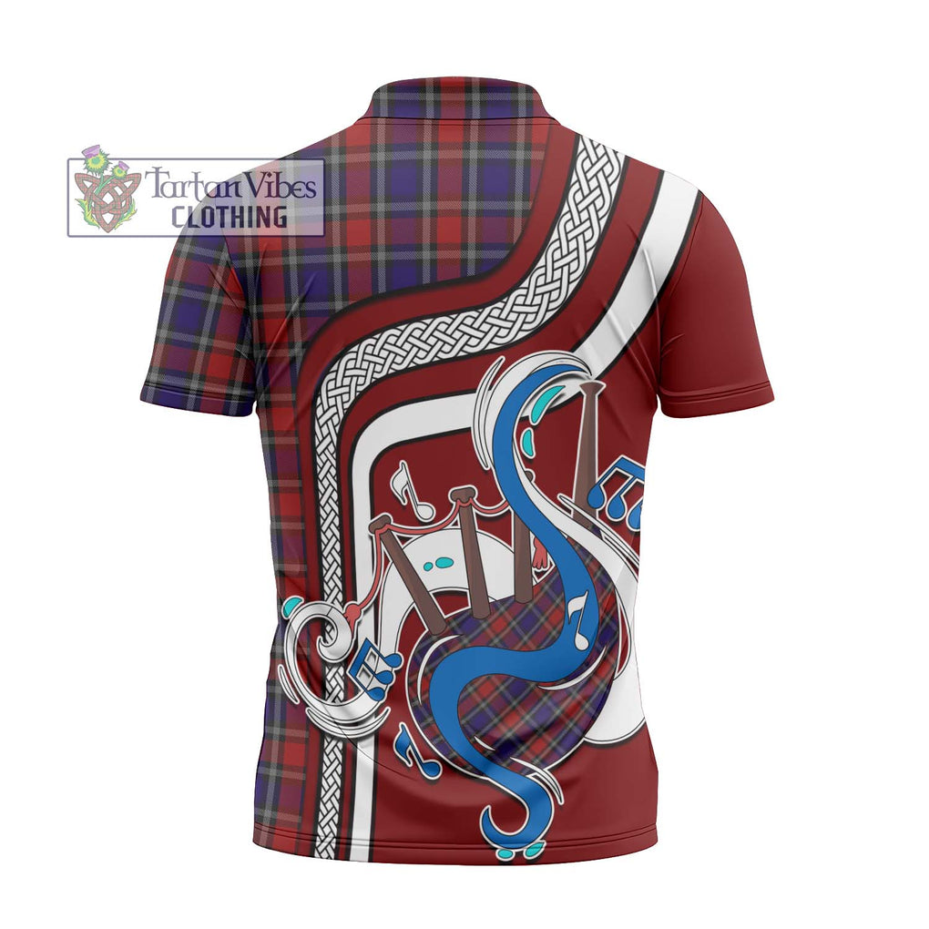 Clark (Lion) Red Tartan Zipper Polo Shirt with Epic Bagpipe Style - Tartanvibesclothing Shop