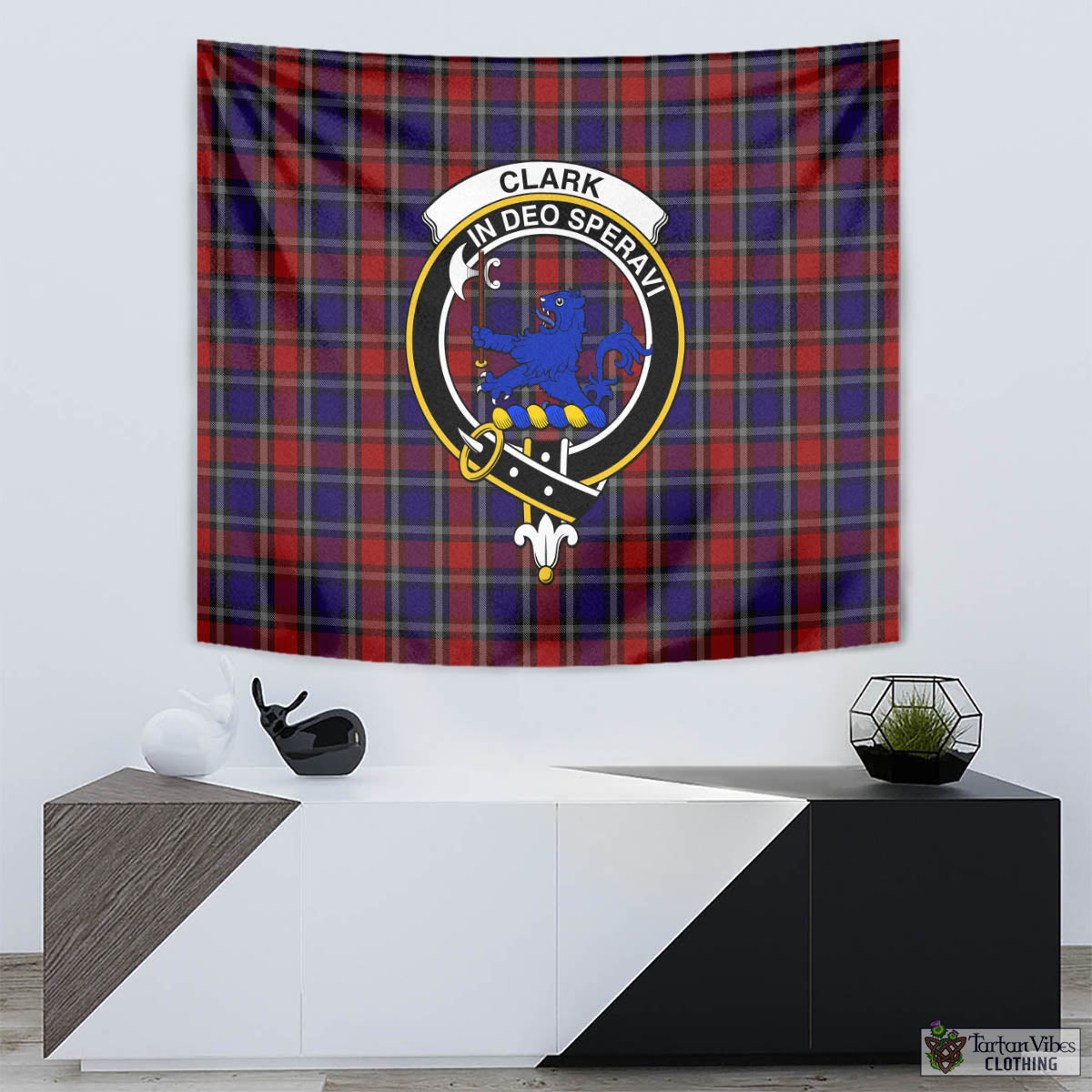 Tartan Vibes Clothing Clark (Lion) Red Tartan Tapestry Wall Hanging and Home Decor for Room with Family Crest