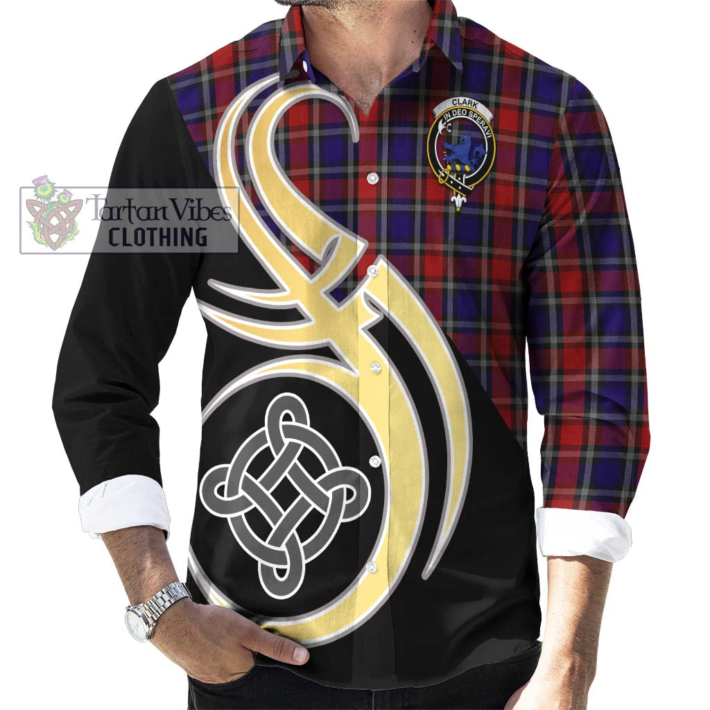 Clark (Lion) Red Tartan Long Sleeve Button Shirt with Family Crest and Celtic Symbol Style - Tartan Vibes Clothing