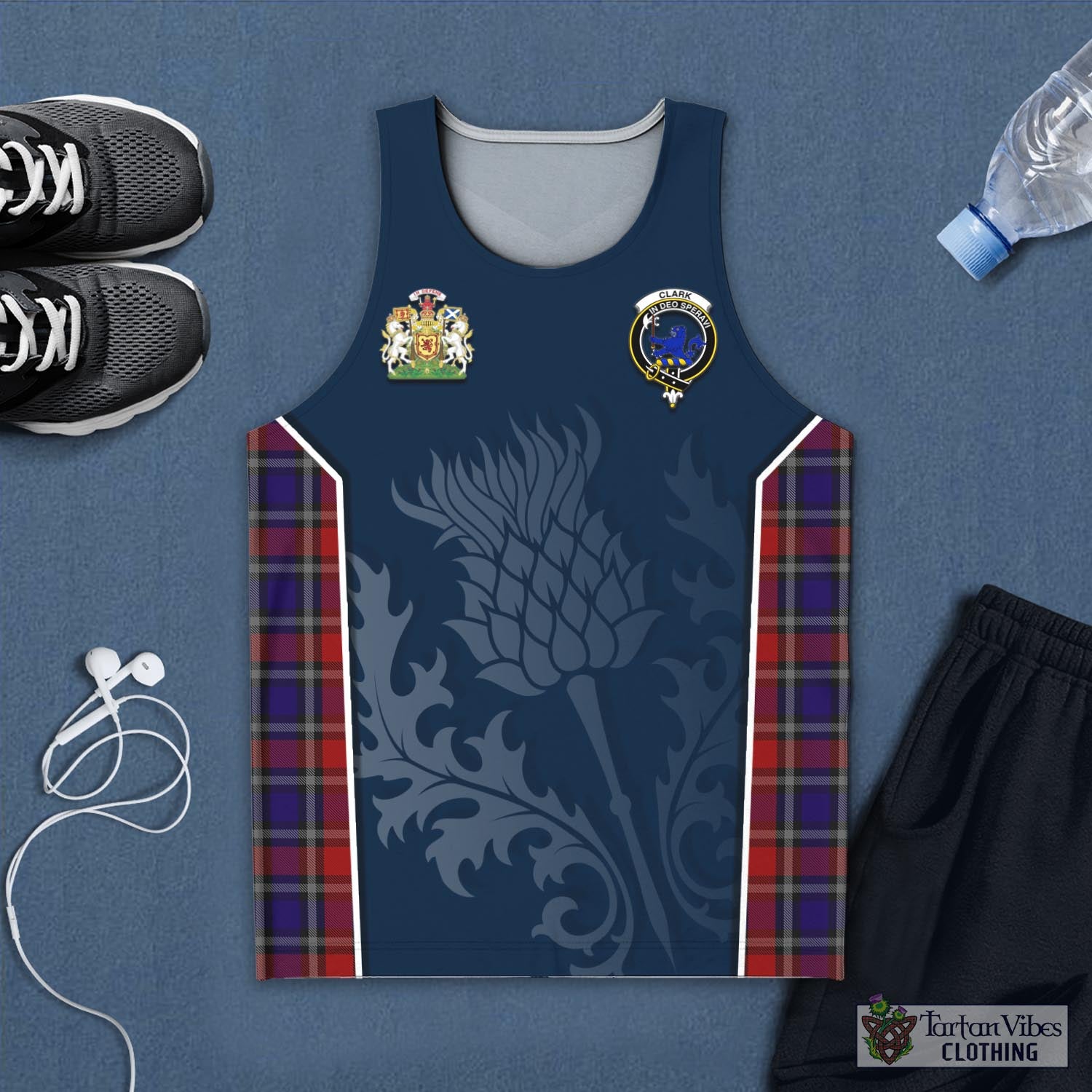 Tartan Vibes Clothing Clark (Lion) Red Tartan Men's Tanks Top with Family Crest and Scottish Thistle Vibes Sport Style