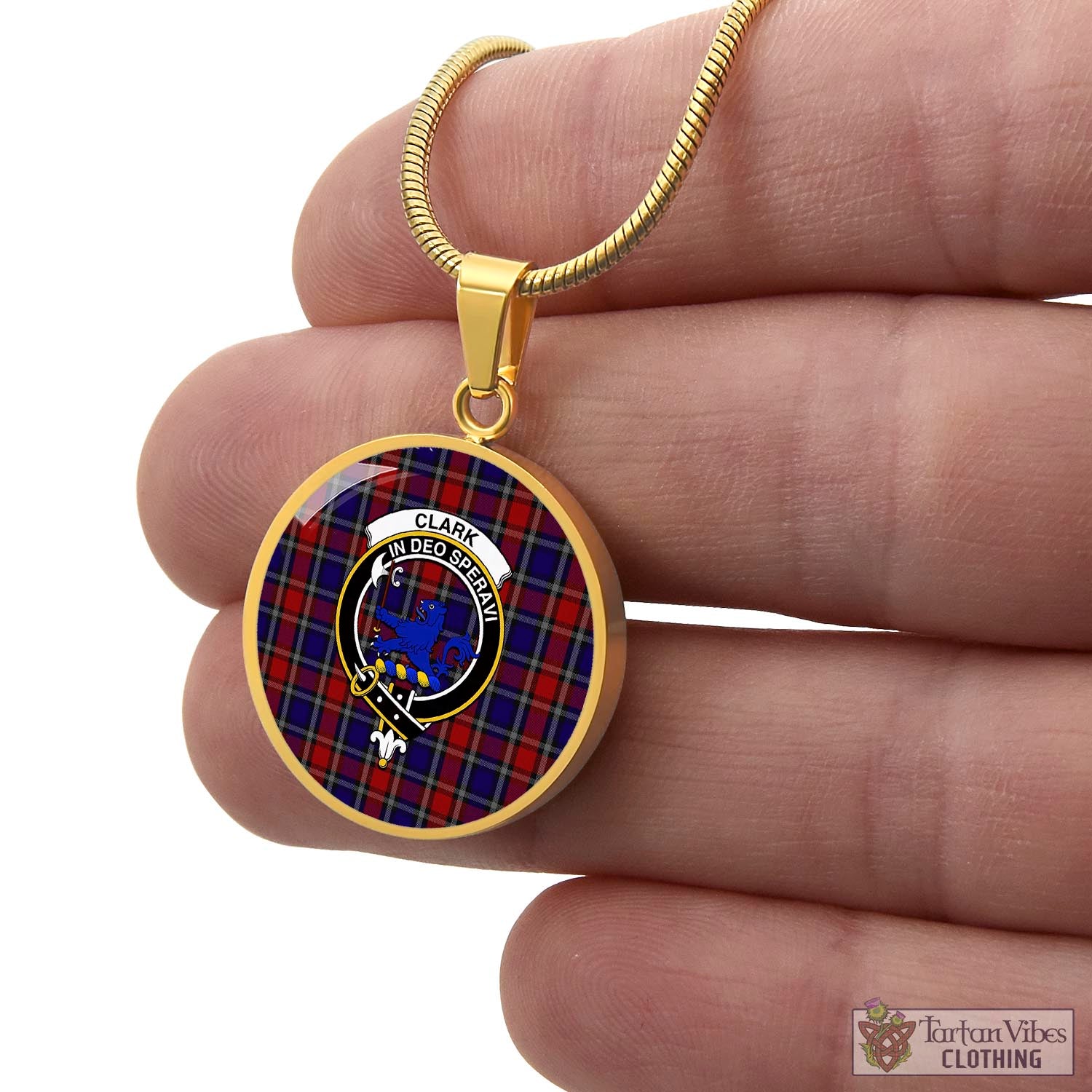 Tartan Vibes Clothing Clark (Lion) Red Tartan Circle Necklace with Family Crest