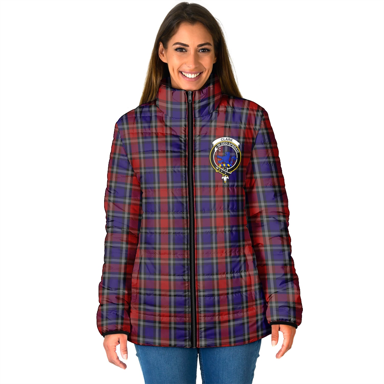 Clark (Lion) Red Tartan Padded Jacket with Family Crest - Tartan Vibes Clothing