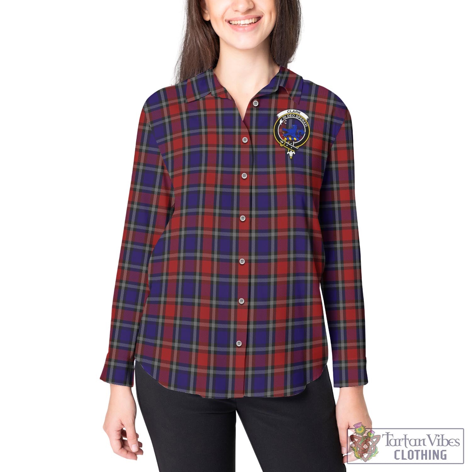 Tartan Vibes Clothing Clark (Lion) Red Tartan Womens Casual Shirt with Family Crest