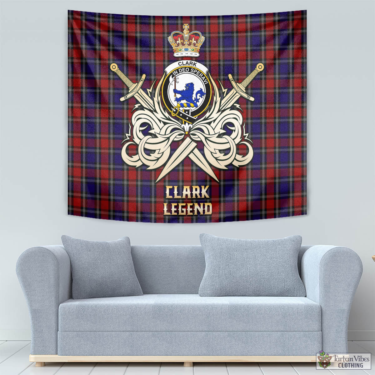 Tartan Vibes Clothing Clark (Lion) Red Tartan Tapestry with Clan Crest and the Golden Sword of Courageous Legacy