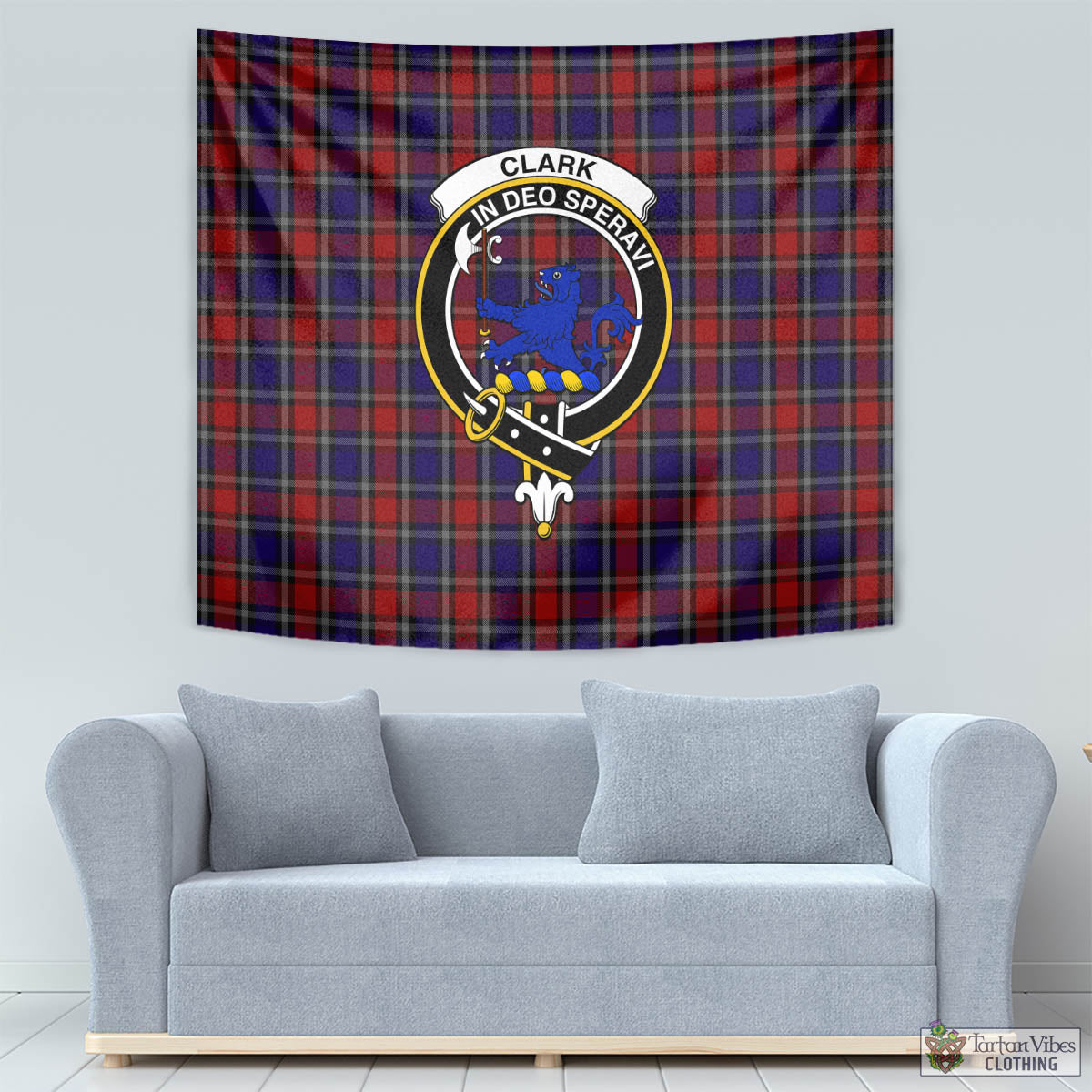 Tartan Vibes Clothing Clark (Lion) Red Tartan Tapestry Wall Hanging and Home Decor for Room with Family Crest