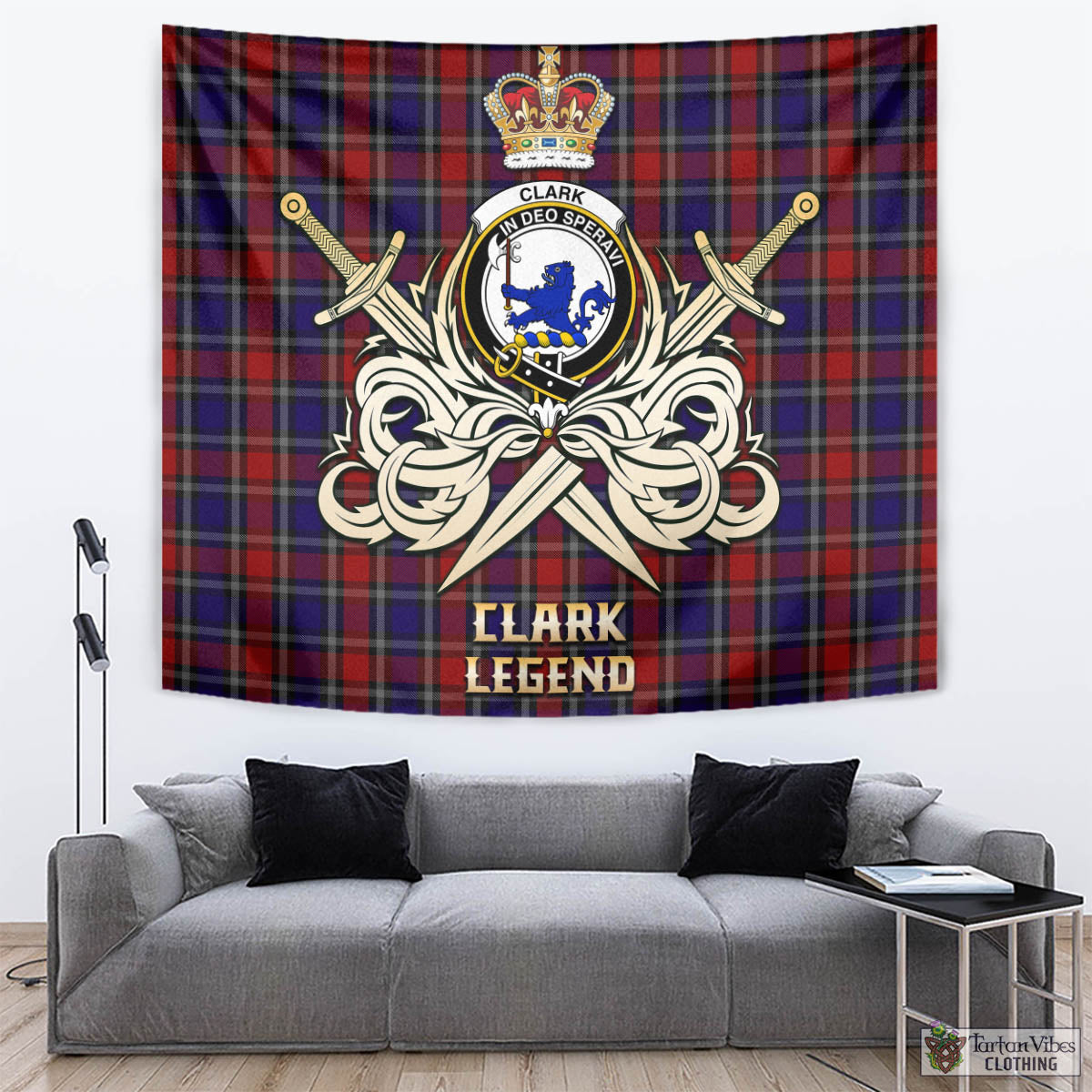 Tartan Vibes Clothing Clark (Lion) Red Tartan Tapestry with Clan Crest and the Golden Sword of Courageous Legacy