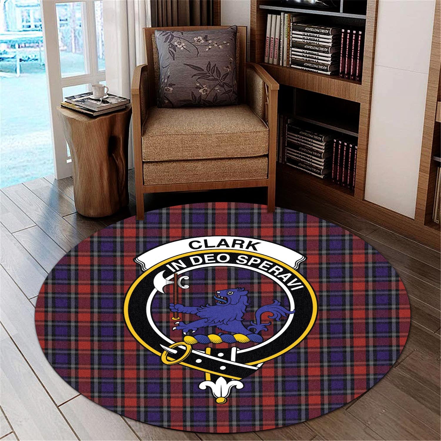 Clark (Lion) Red Tartan Round Rug with Family Crest - Tartanvibesclothing