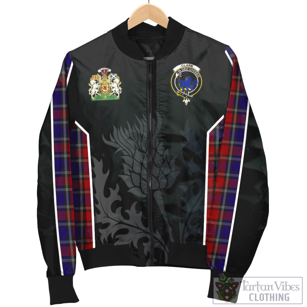 Tartan Vibes Clothing Clark (Lion) Red Tartan Bomber Jacket with Family Crest and Scottish Thistle Vibes Sport Style