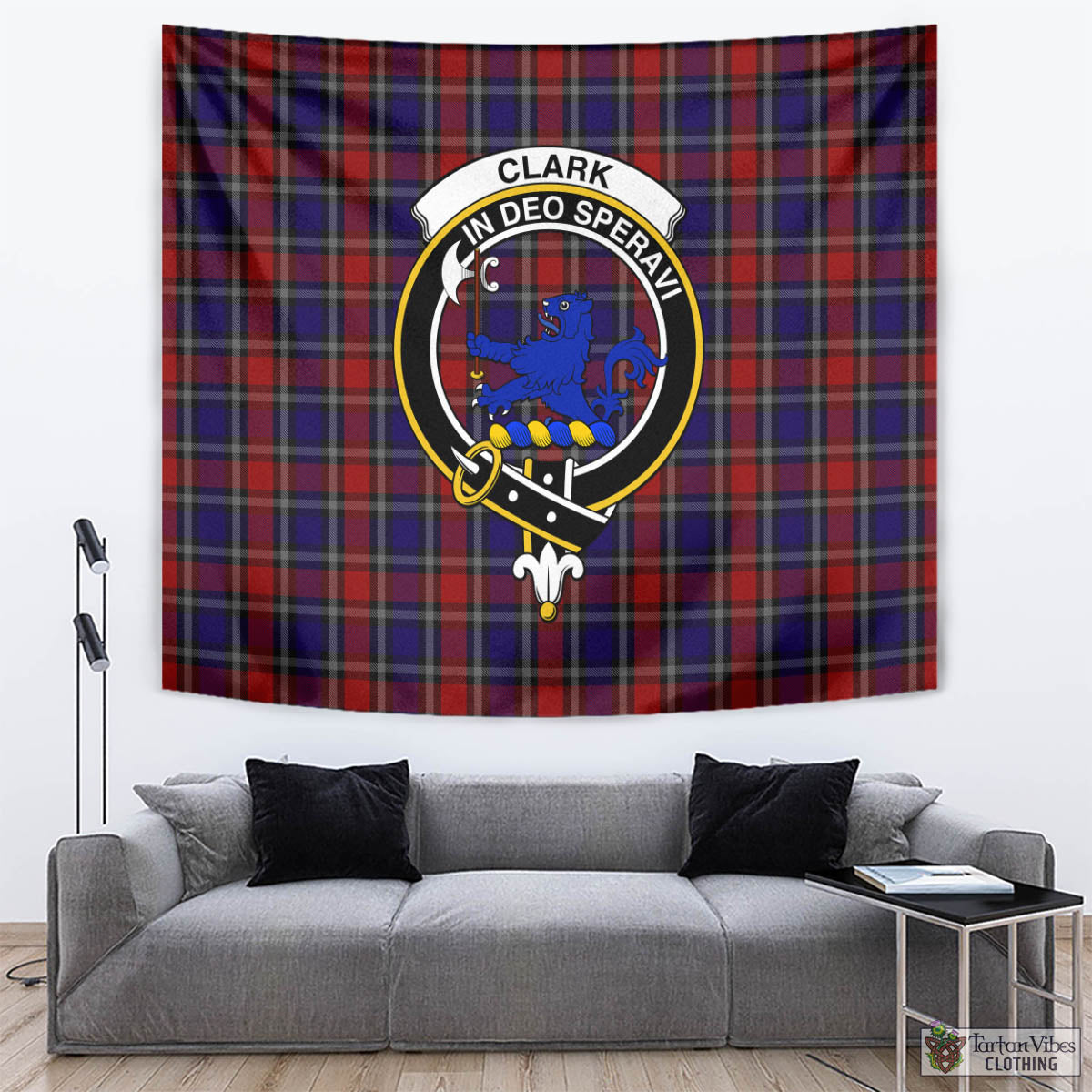 Tartan Vibes Clothing Clark (Lion) Red Tartan Tapestry Wall Hanging and Home Decor for Room with Family Crest