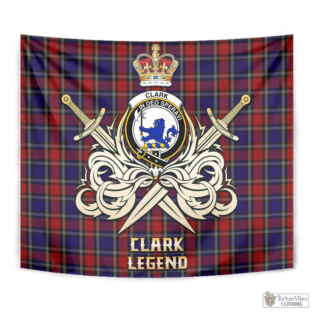 Tartan Vibes Clothing Clark (Lion) Red Tartan Tapestry with Clan Crest and the Golden Sword of Courageous Legacy