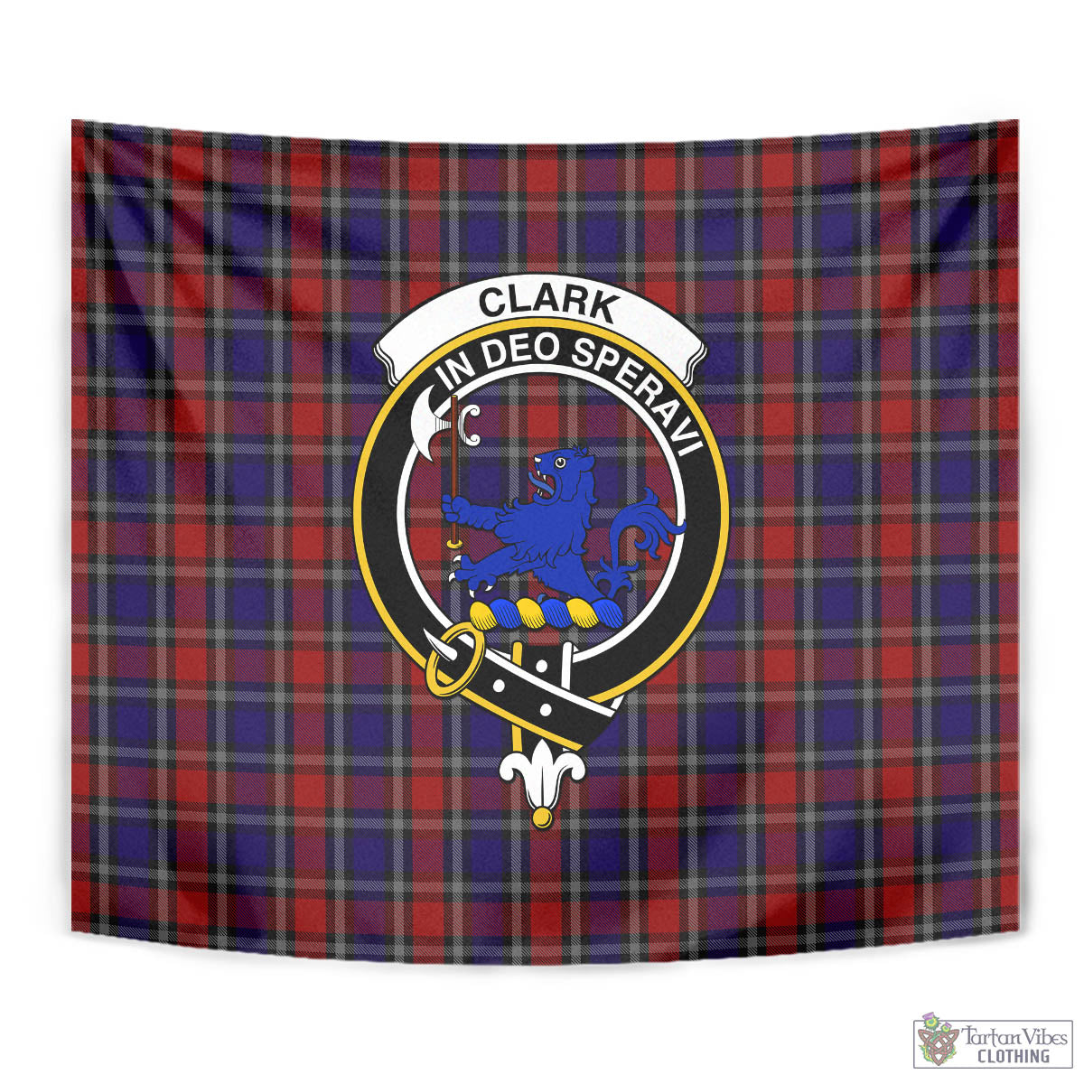 Tartan Vibes Clothing Clark (Lion) Red Tartan Tapestry Wall Hanging and Home Decor for Room with Family Crest