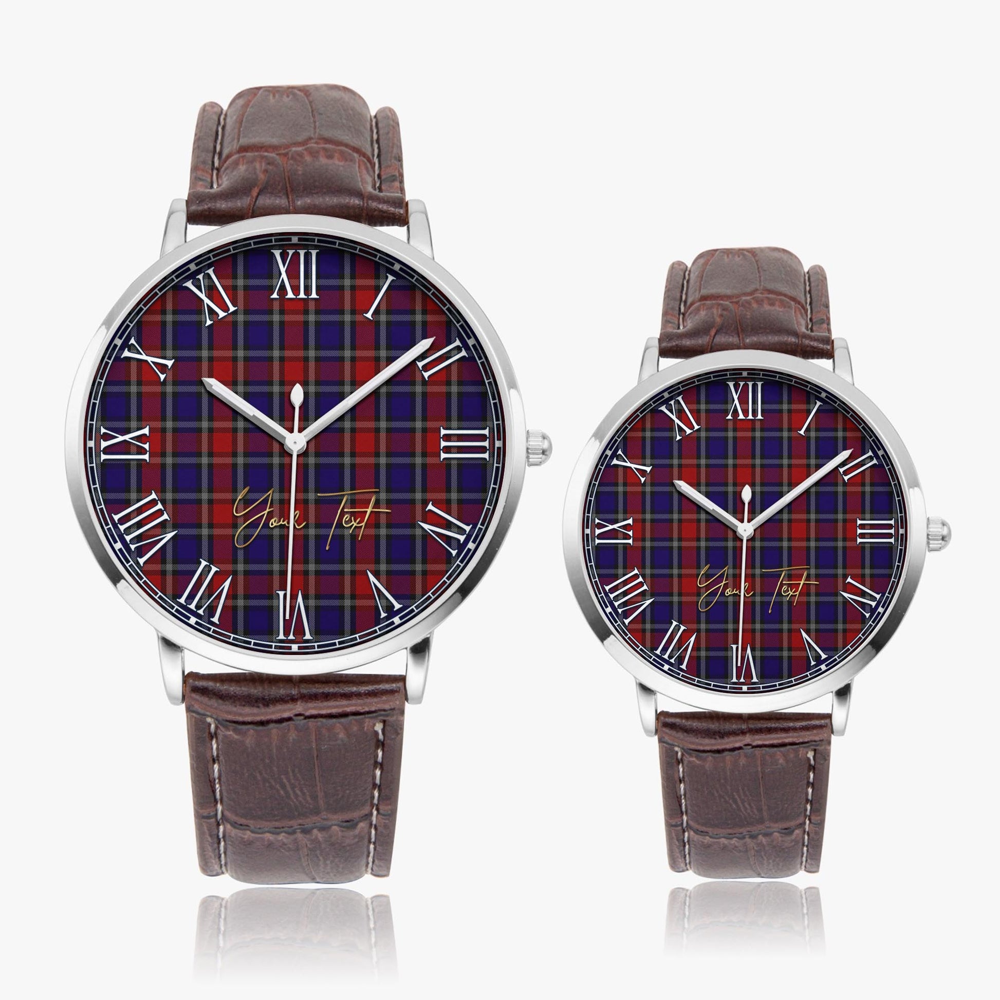 Clark Red Tartan Personalized Your Text Leather Trap Quartz Watch Ultra Thin Silver Case With Brown Leather Strap - Tartanvibesclothing