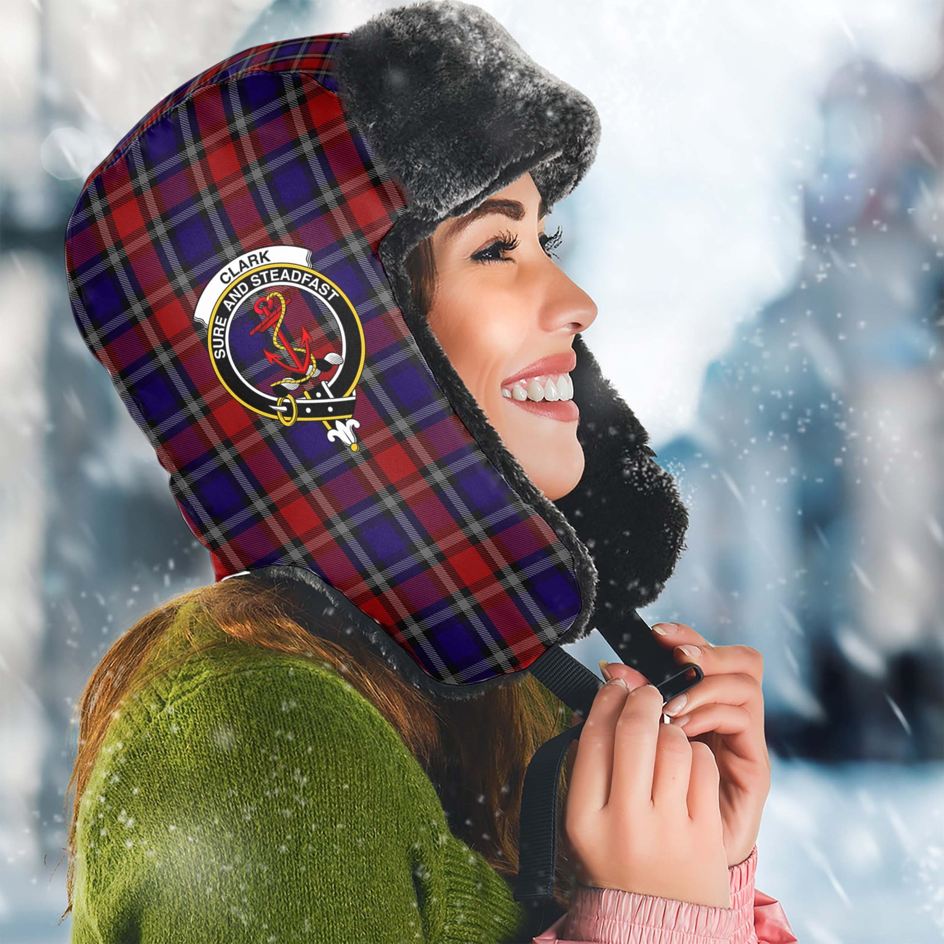 Clark Red Tartan Winter Trapper Hat with Family Crest Winter Trapper Hat Universal Fit Circumference 22.8in (58cm) - Tartanvibesclothing