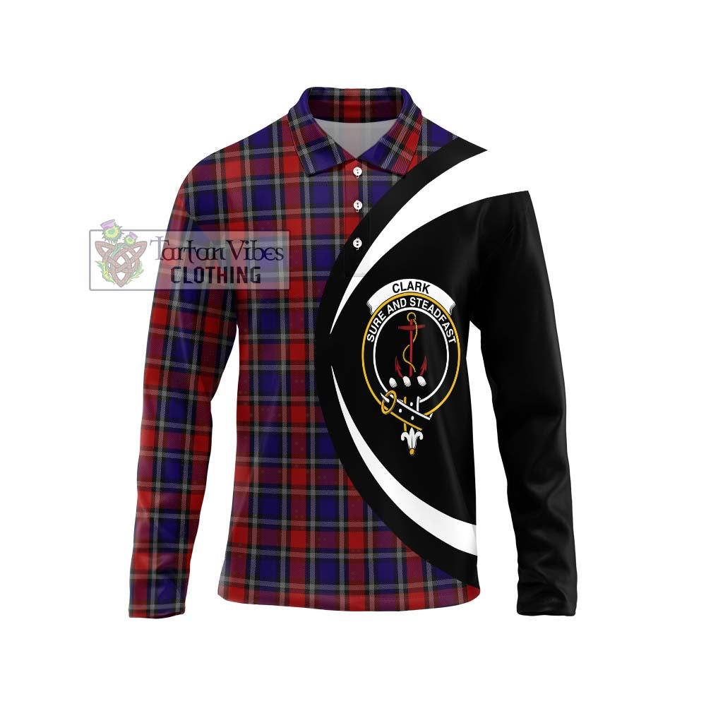 Clark Red Tartan Long Sleeve Polo Shirt with Family Crest Circle Style Unisex - Tartan Vibes Clothing