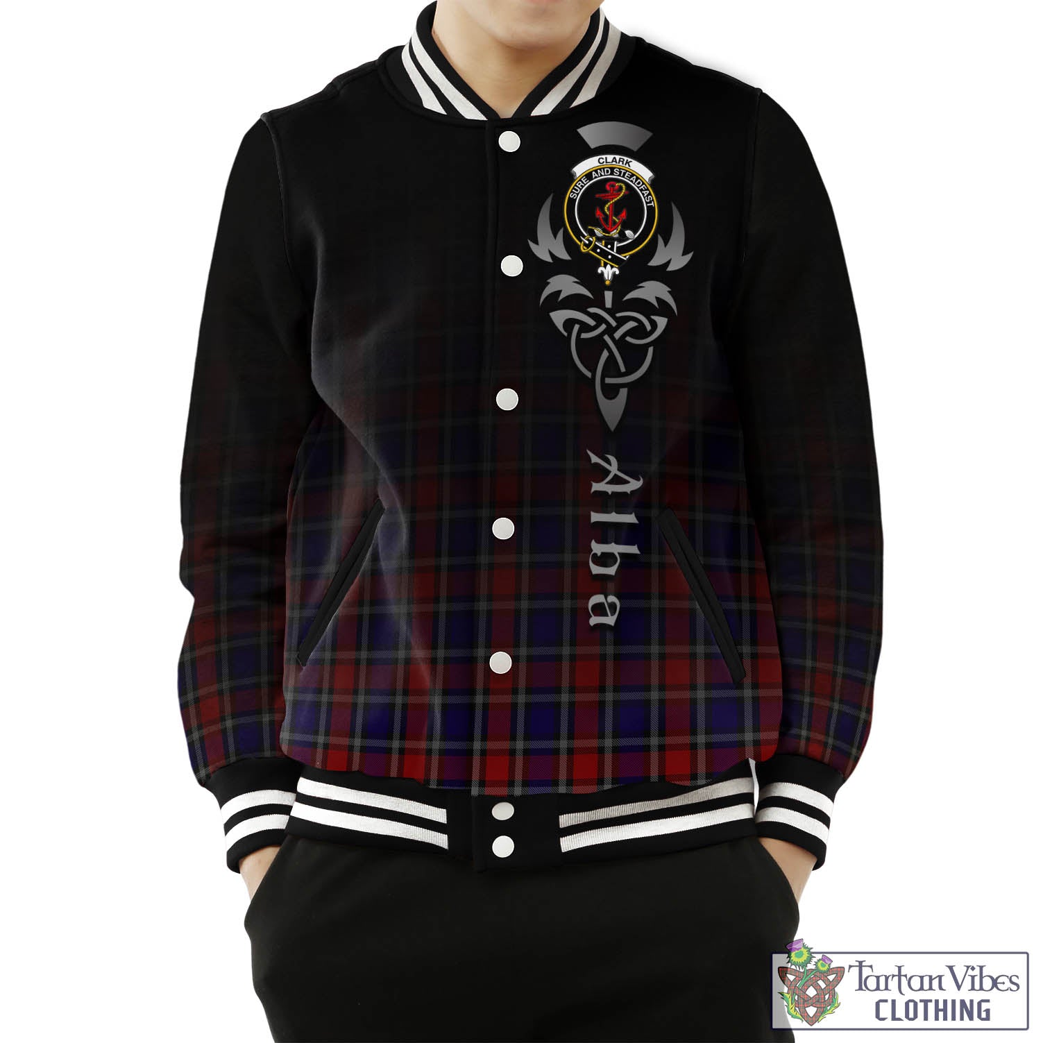 Tartan Vibes Clothing Clark Red Tartan Baseball Jacket Featuring Alba Gu Brath Family Crest Celtic Inspired