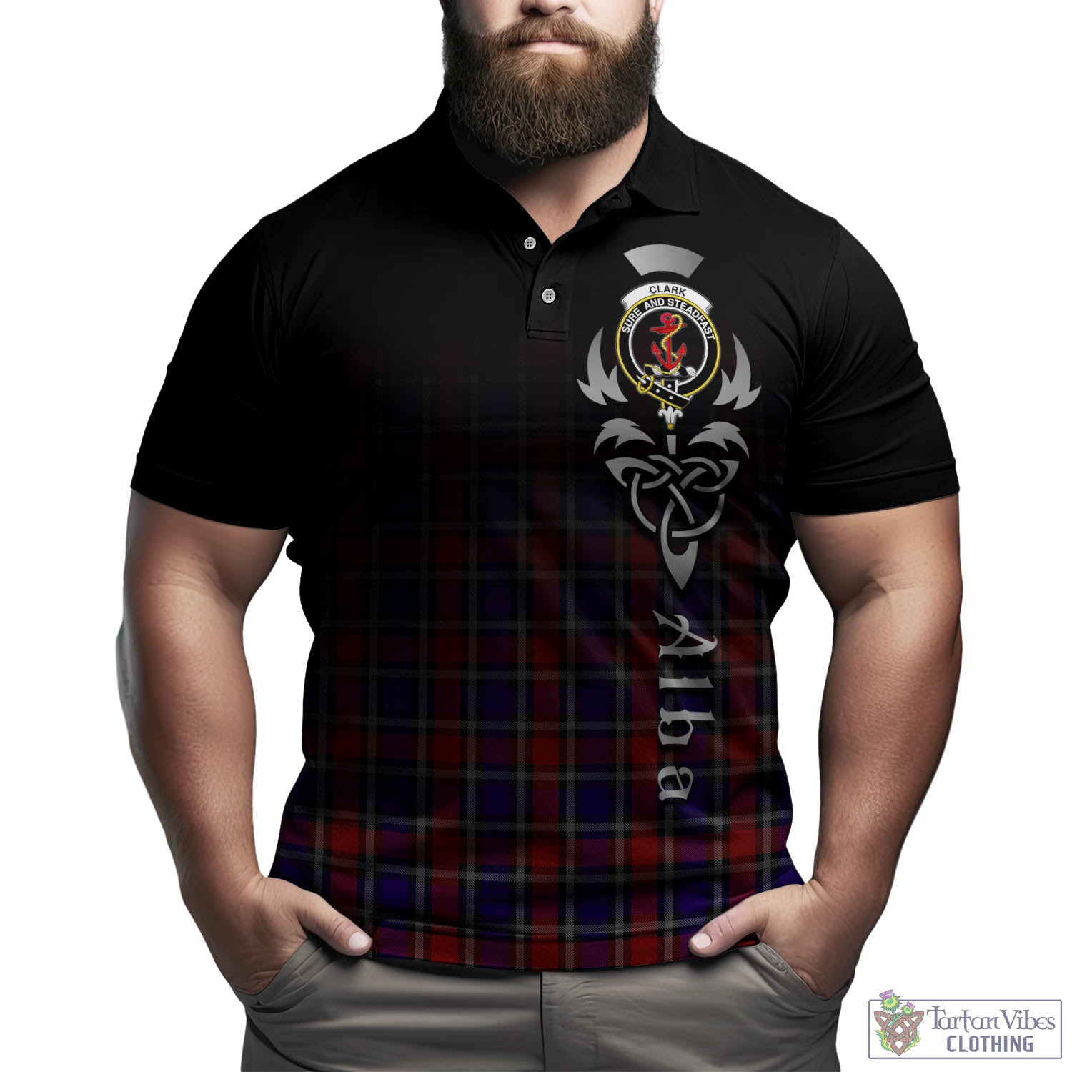 Tartan Vibes Clothing Clark Red Tartan Polo Shirt Featuring Alba Gu Brath Family Crest Celtic Inspired