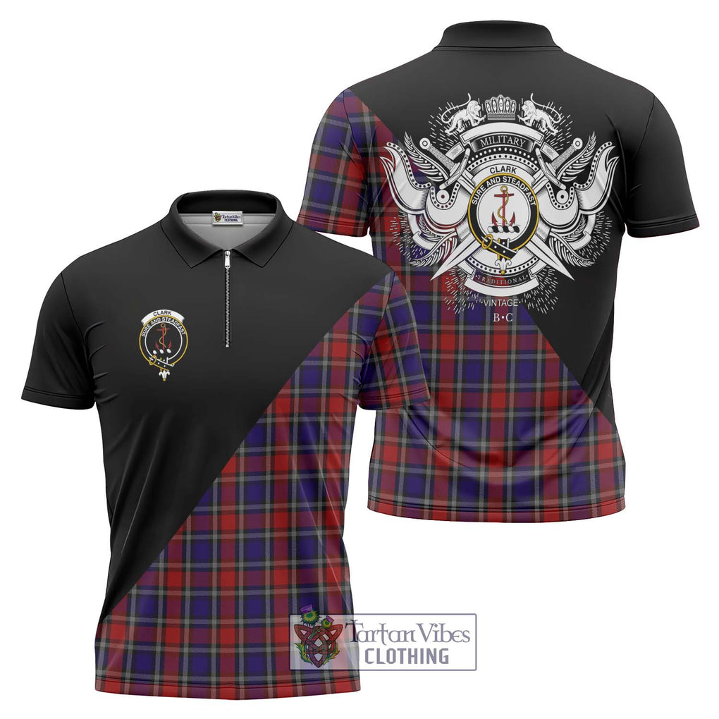 Clark Red Tartan Zipper Polo Shirt with Family Crest and Military Logo Style Unisex - Tartanvibesclothing Shop