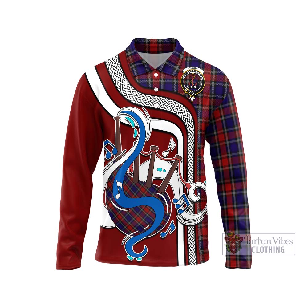 Tartan Vibes Clothing Clark Red Tartan Long Sleeve Polo Shirt with Epic Bagpipe Style