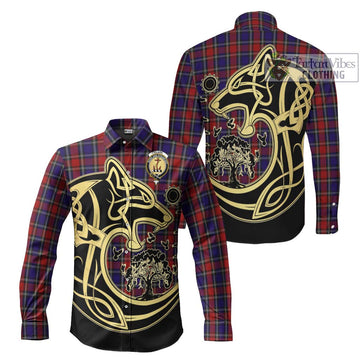 Clark Red Tartan Long Sleeve Button Shirt with Family Crest Celtic Wolf Style