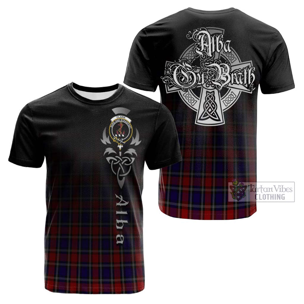 Tartan Vibes Clothing Clark Red Tartan Cotton T-shirt Featuring Alba Gu Brath Family Crest Celtic Inspired