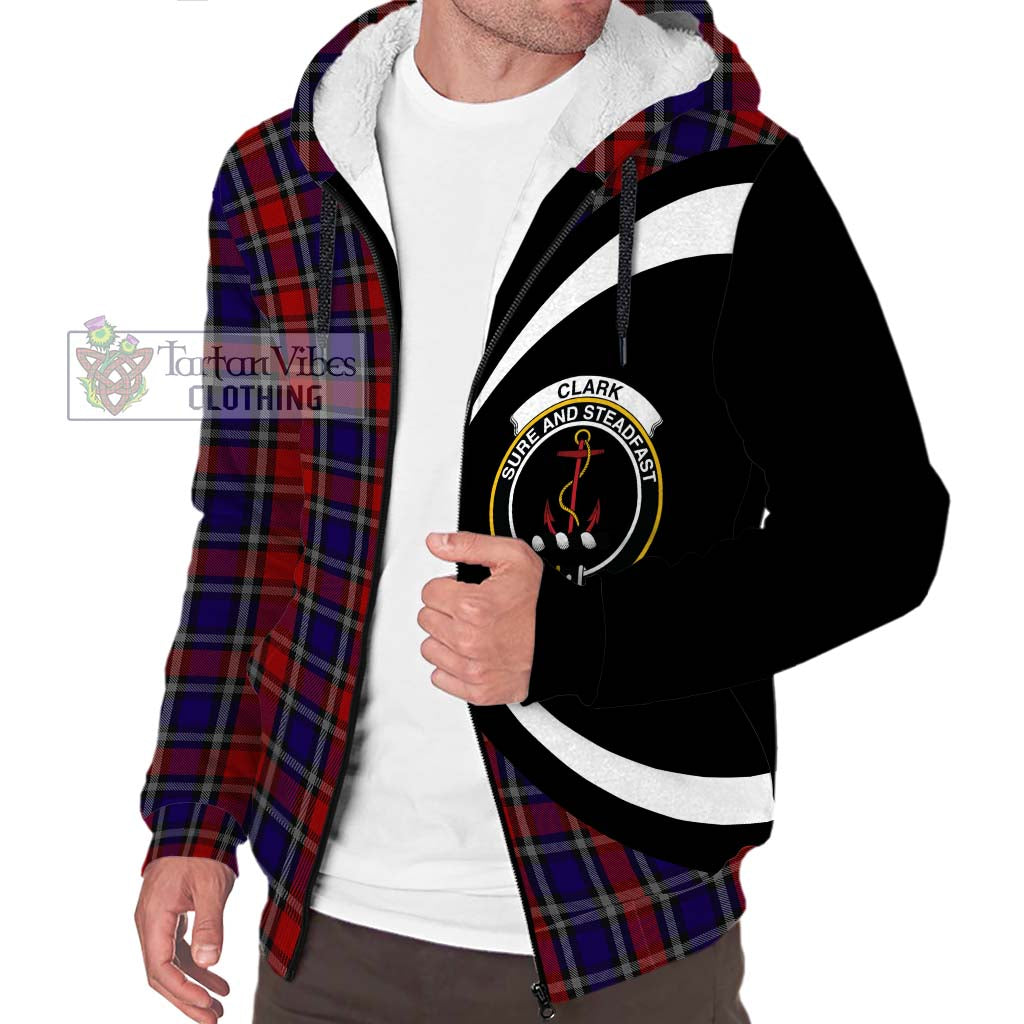 Clark Red Tartan Sherpa Hoodie with Family Crest Circle Style Unisex S - Tartan Vibes Clothing