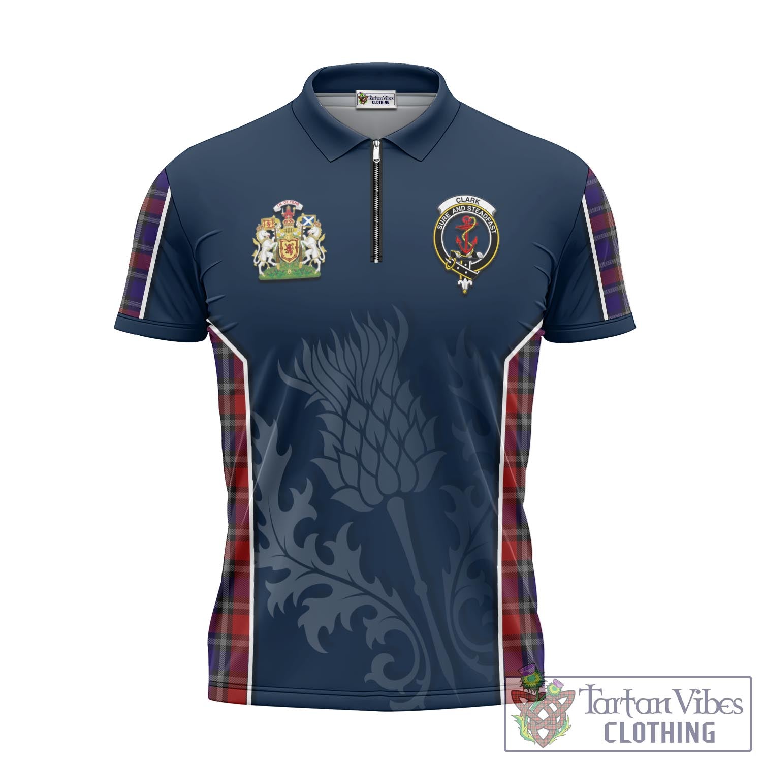 Tartan Vibes Clothing Clark Red Tartan Zipper Polo Shirt with Family Crest and Scottish Thistle Vibes Sport Style