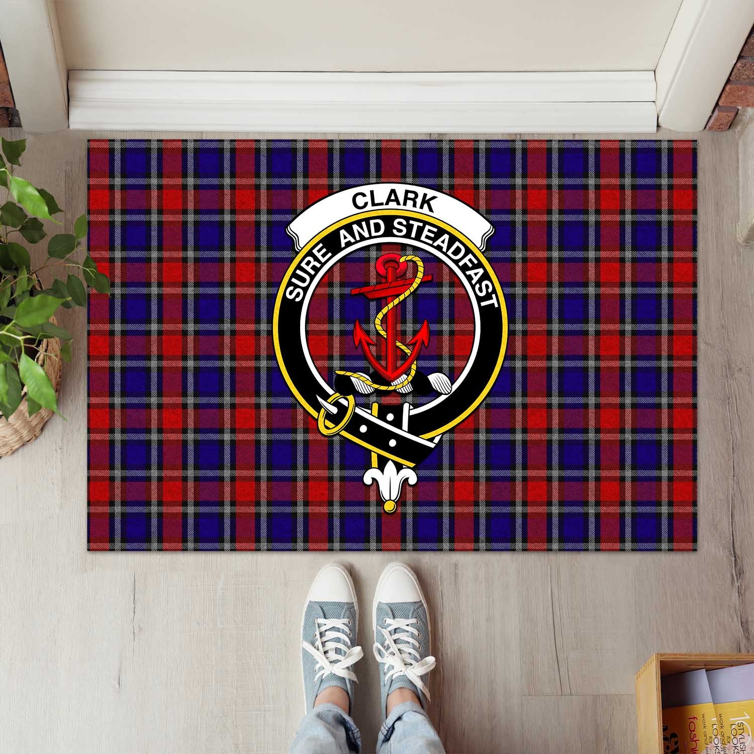 Clark Red Tartan Door Mat with Family Crest - Tartanvibesclothing