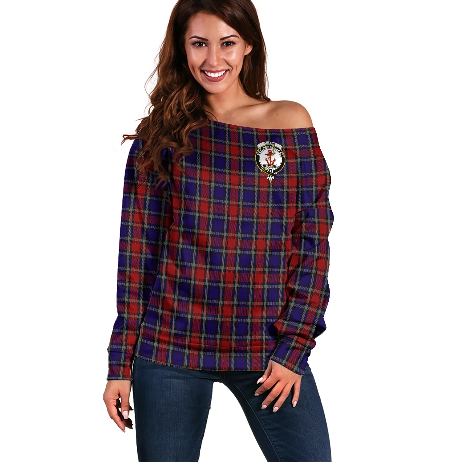 Clark Red Tartan Off Shoulder Women Sweater with Family Crest Women - Tartanvibesclothing