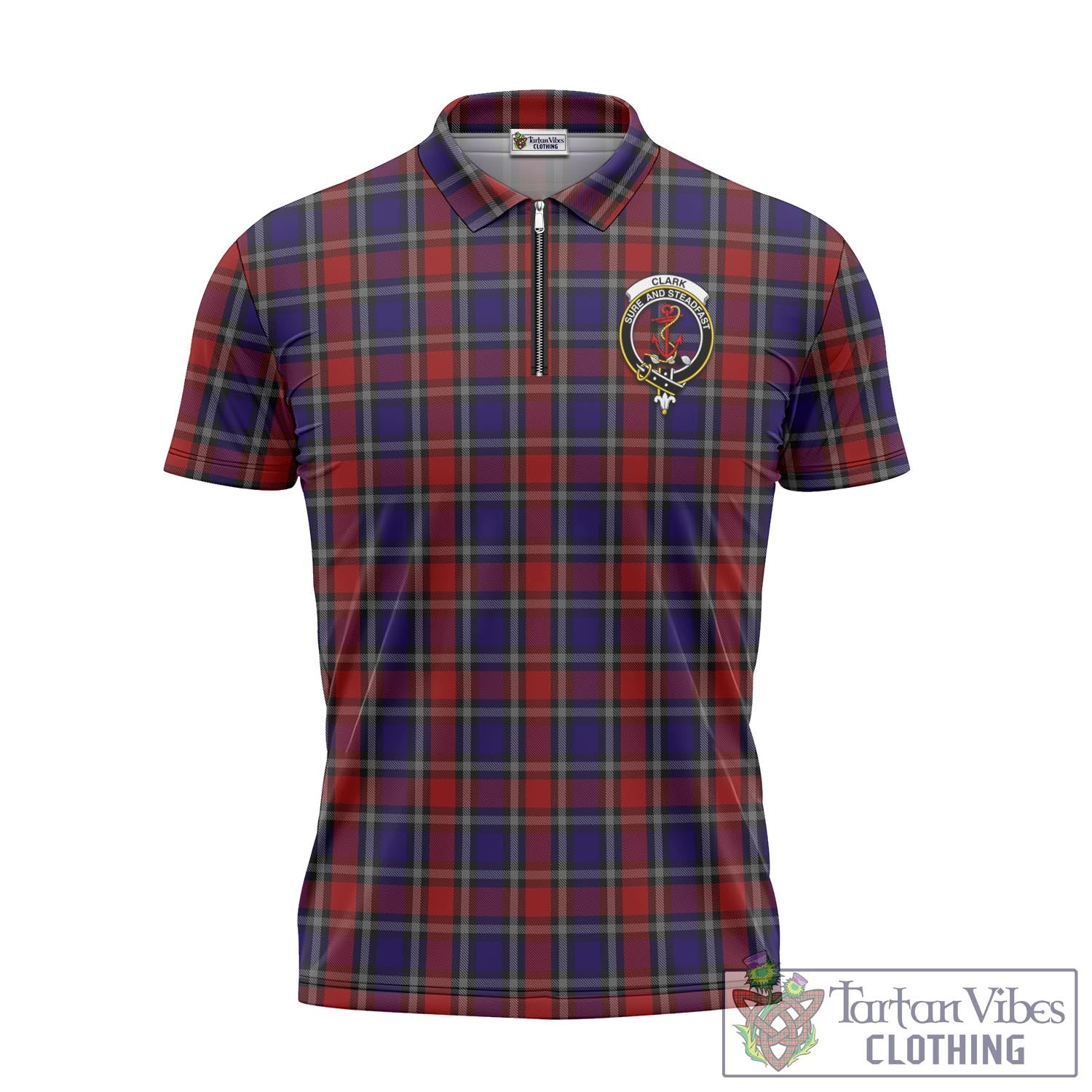 Tartan Vibes Clothing Clark Red Tartan Zipper Polo Shirt with Family Crest