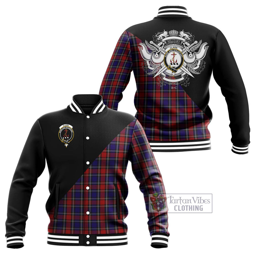 Clark Red Tartan Baseball Jacket with Family Crest and Military Logo Style Unisex - Tartanvibesclothing Shop