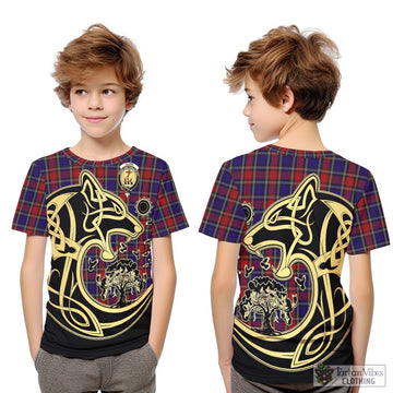 Clark Red Tartan Kid T-Shirt with Family Crest Celtic Wolf Style