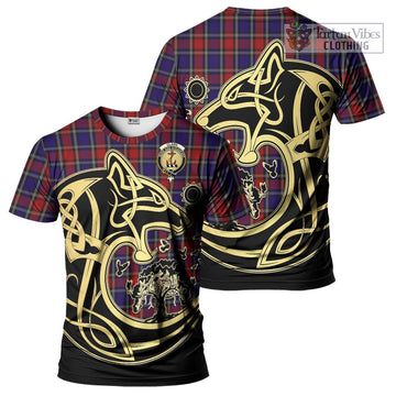 Clark Red Tartan T-Shirt with Family Crest Celtic Wolf Style