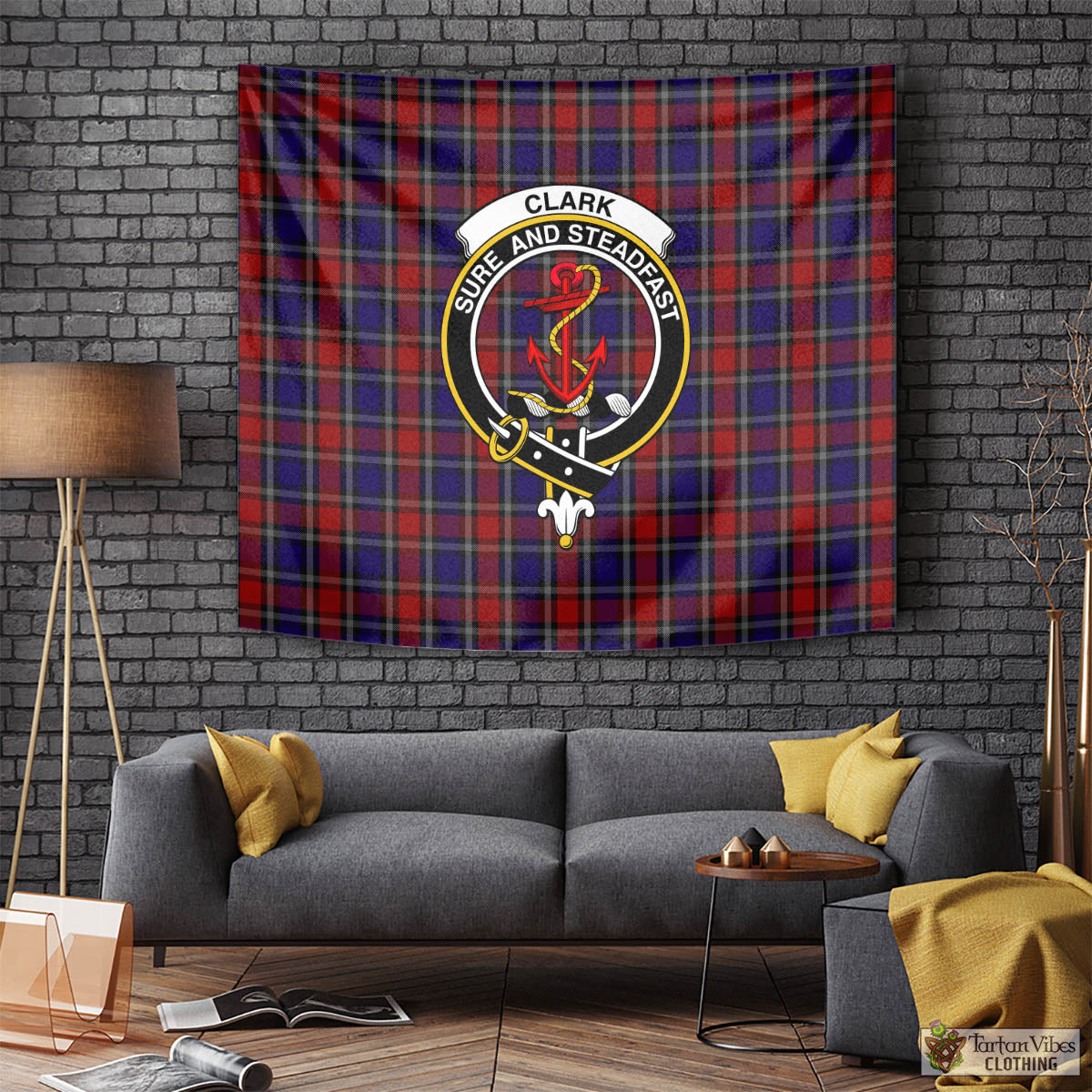 Tartan Vibes Clothing Clark Red Tartan Tapestry Wall Hanging and Home Decor for Room with Family Crest