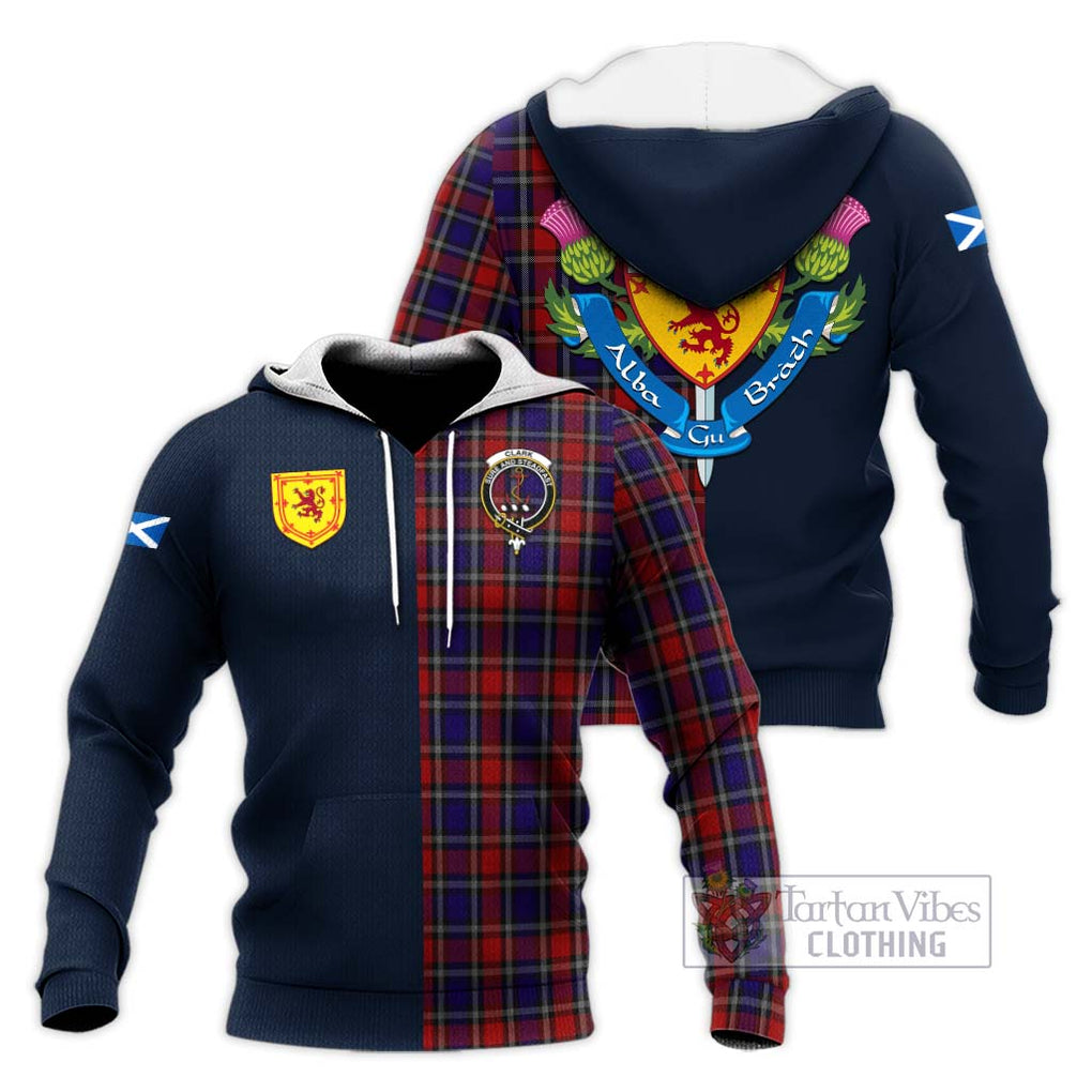 Tartan Vibes Clothing Clark Red Tartan Knitted Hoodie with Scottish Lion Royal Arm Half Style