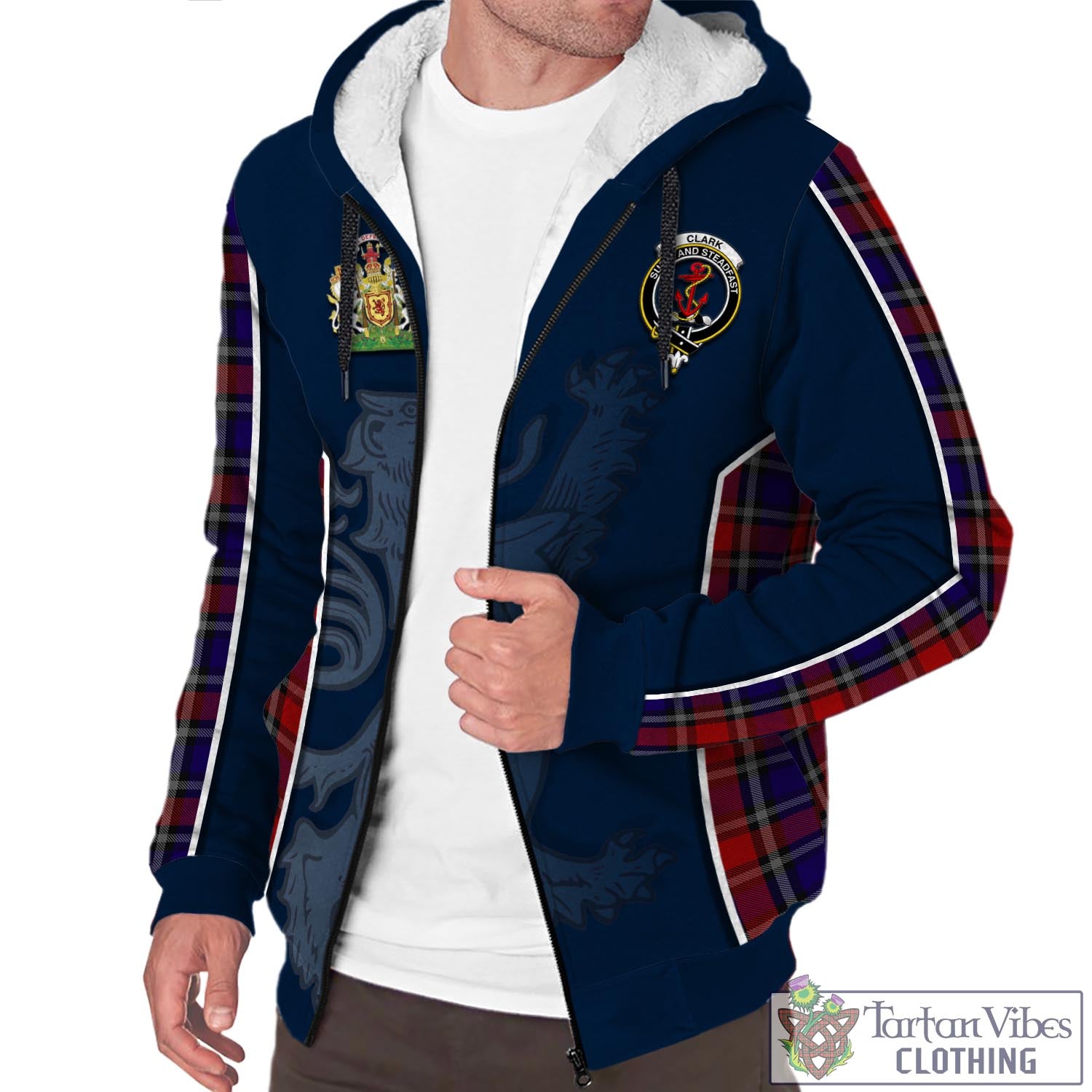 Tartan Vibes Clothing Clark Red Tartan Sherpa Hoodie with Family Crest and Lion Rampant Vibes Sport Style