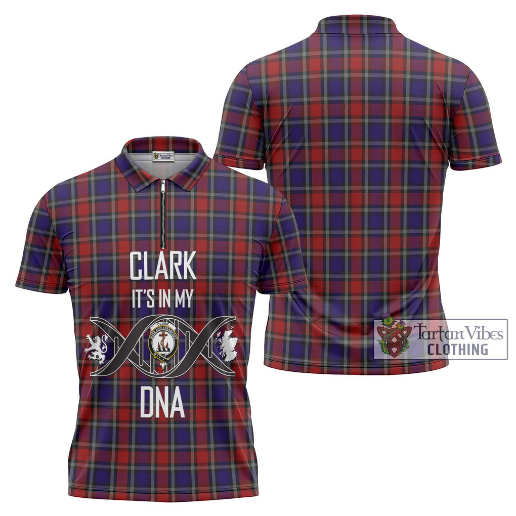 Clark Red Tartan Zipper Polo Shirt with Family Crest DNA In Me Style Unisex - Tartanvibesclothing Shop